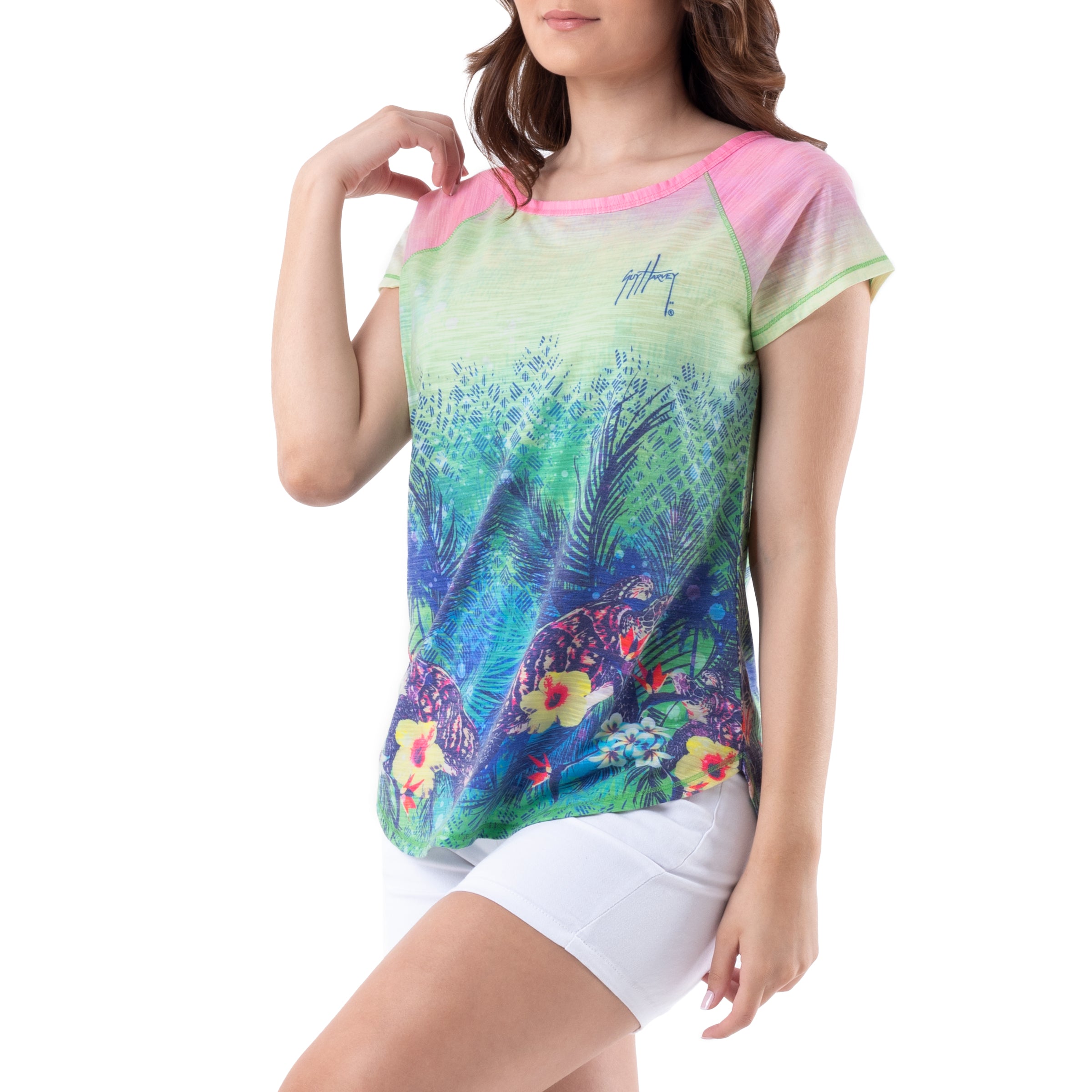 Ladies Turtle Haven Short Sleeve Poly/Rayon Slub Top View 1