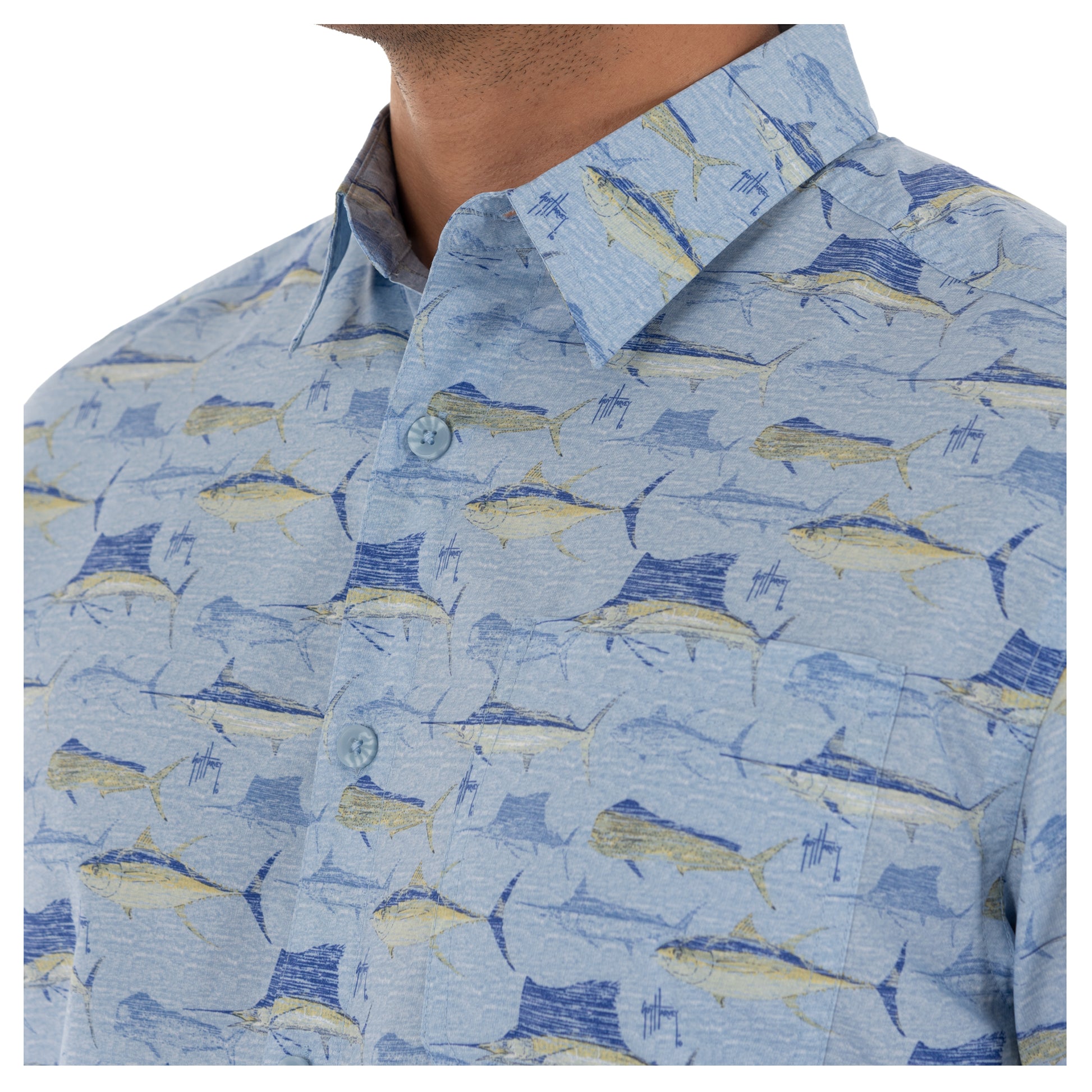 Men's Scribble Short Sleeve Blue Fishing Shirt View 4