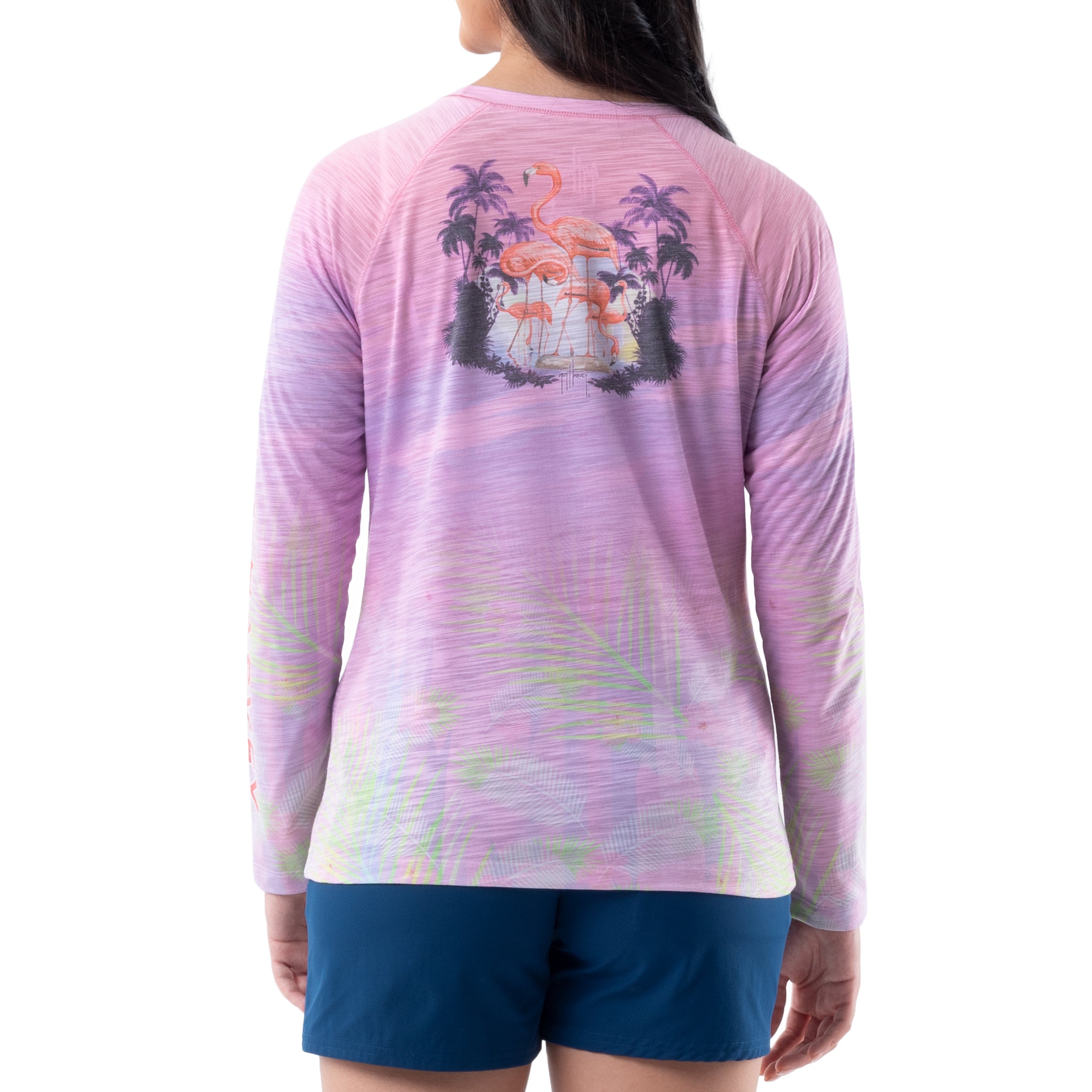 Ladies Let's Flamingle Long Sleeve Poly Rayon Slub Top View 1