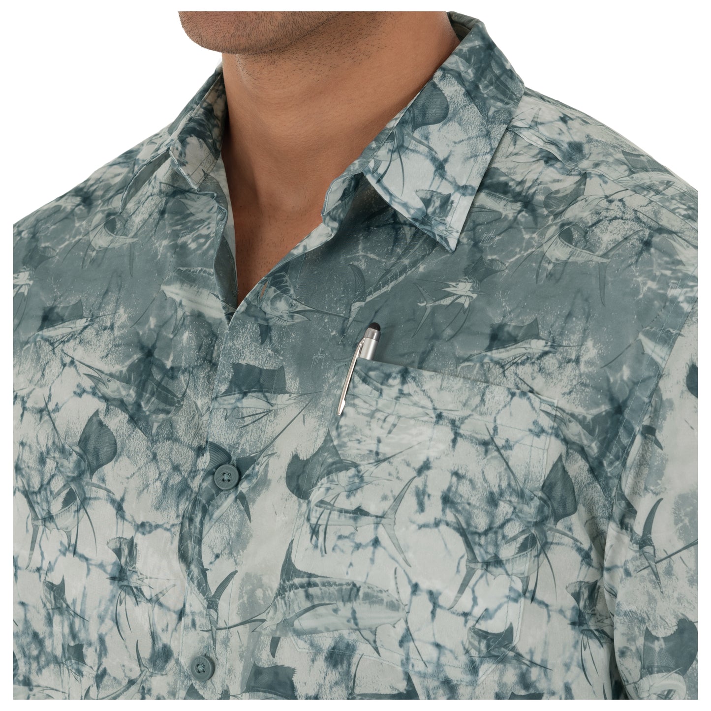 Men's Short Sleeve Printed Grey Fishing Shirt