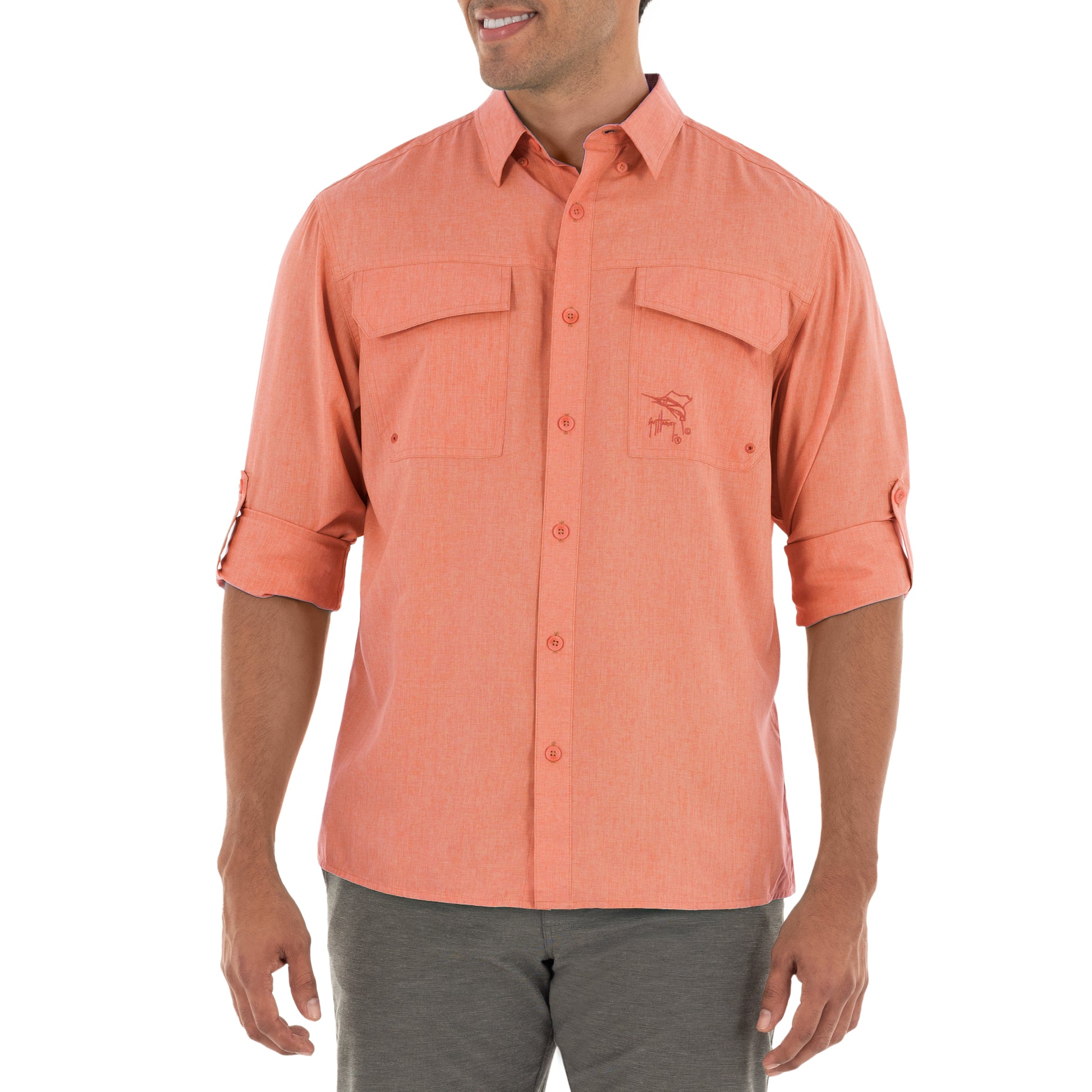 Men's Long Sleeve Heather Textured Cationic Coral Fishing Shirt View 3