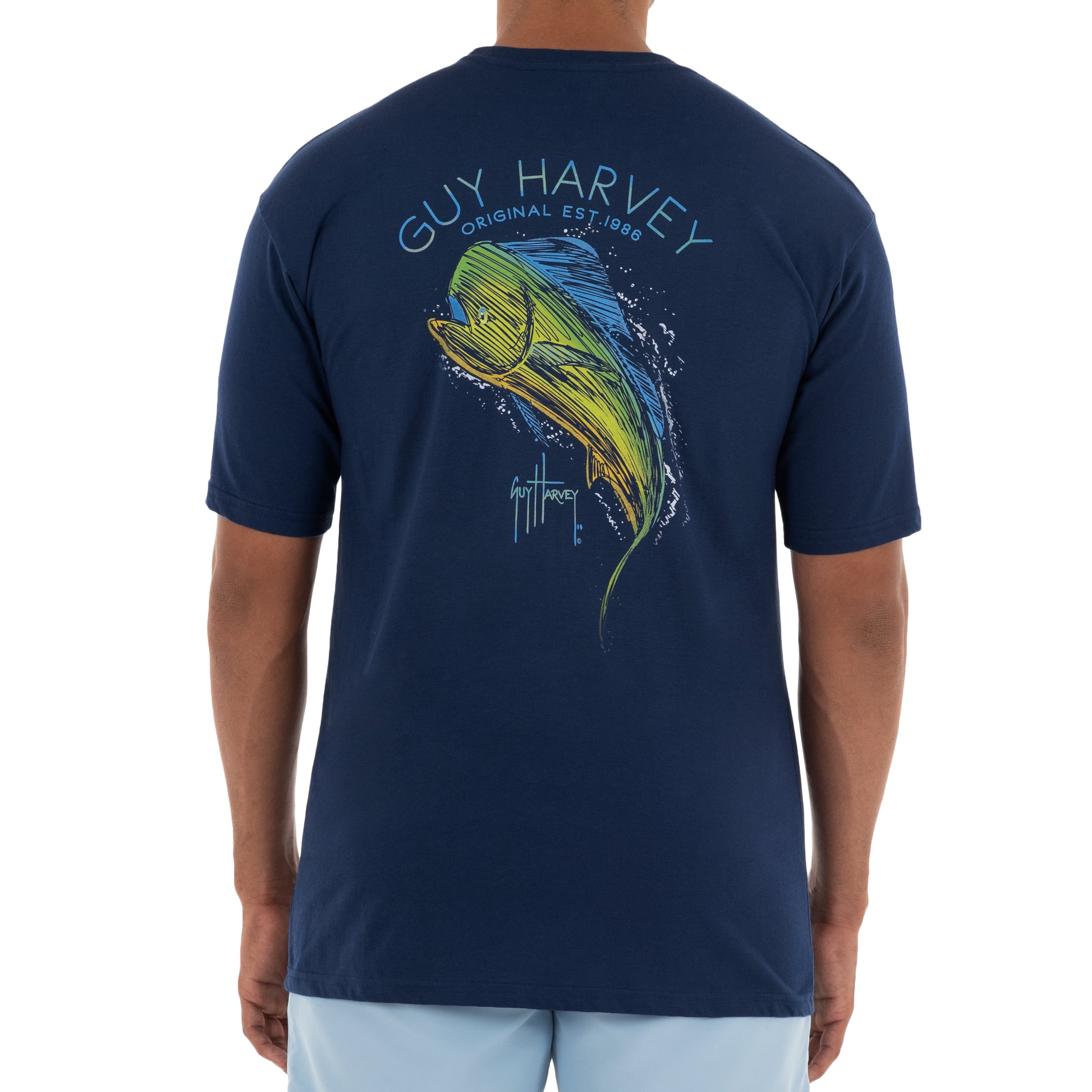 Guy Harvey Mens Scribble Mahi Short Sleeve T-Shirt Blue Medium