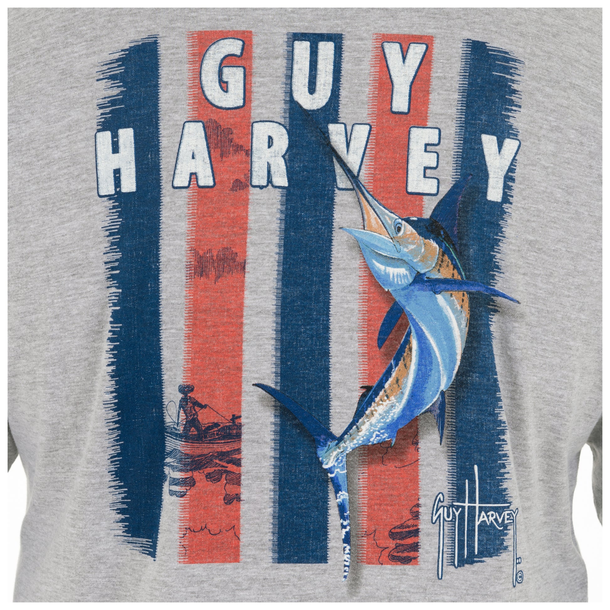 Guy Harvey | Men's Patriotic Marlin Long Sleeve Pocket Grey T-Shirt, Small