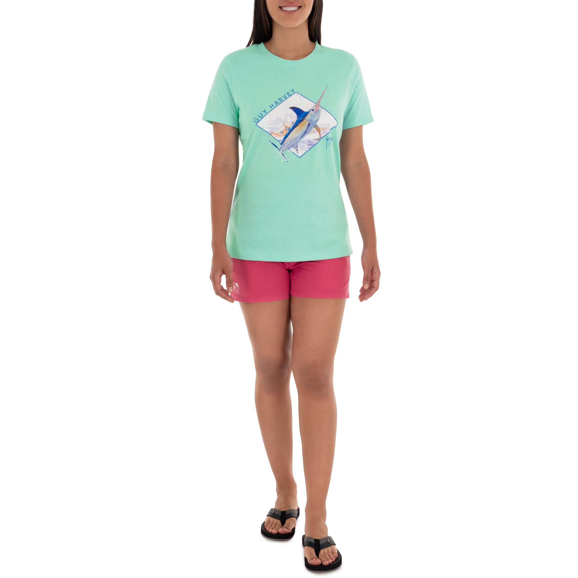 Ladies Swordfish Splash Short Sleeve Green T-Shirt View 3
