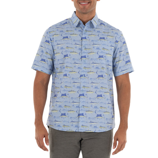 Men's Scribble Short Sleeve Blue Fishing Shirt View 1