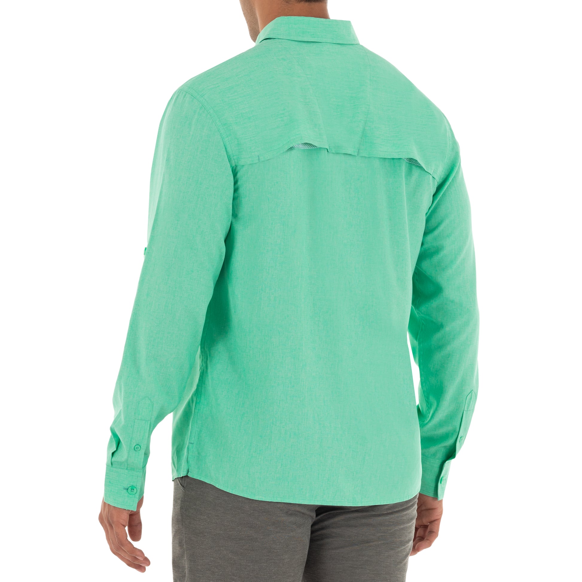 Guy Harvey | Men's Long Sleeve Heather Textured Cationic Green Fishing Shirt, XL