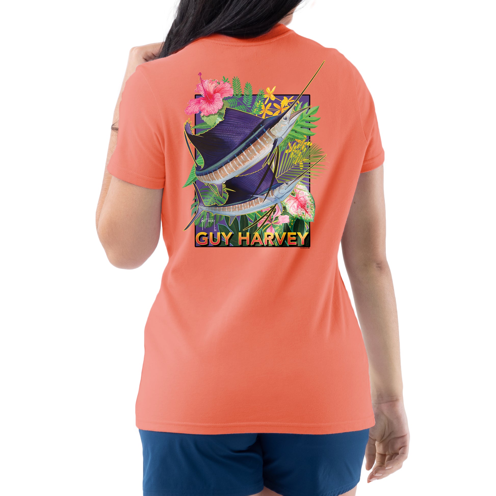 Ladies Floral Sailfish Short Sleeve Crew Neck T-Shirt View 1