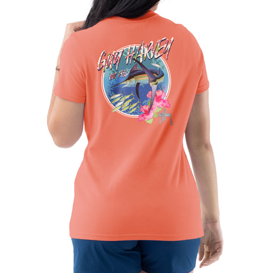 Ladies Marlin Runner Coral Short Sleeve V-Neck T-Shirt View 1