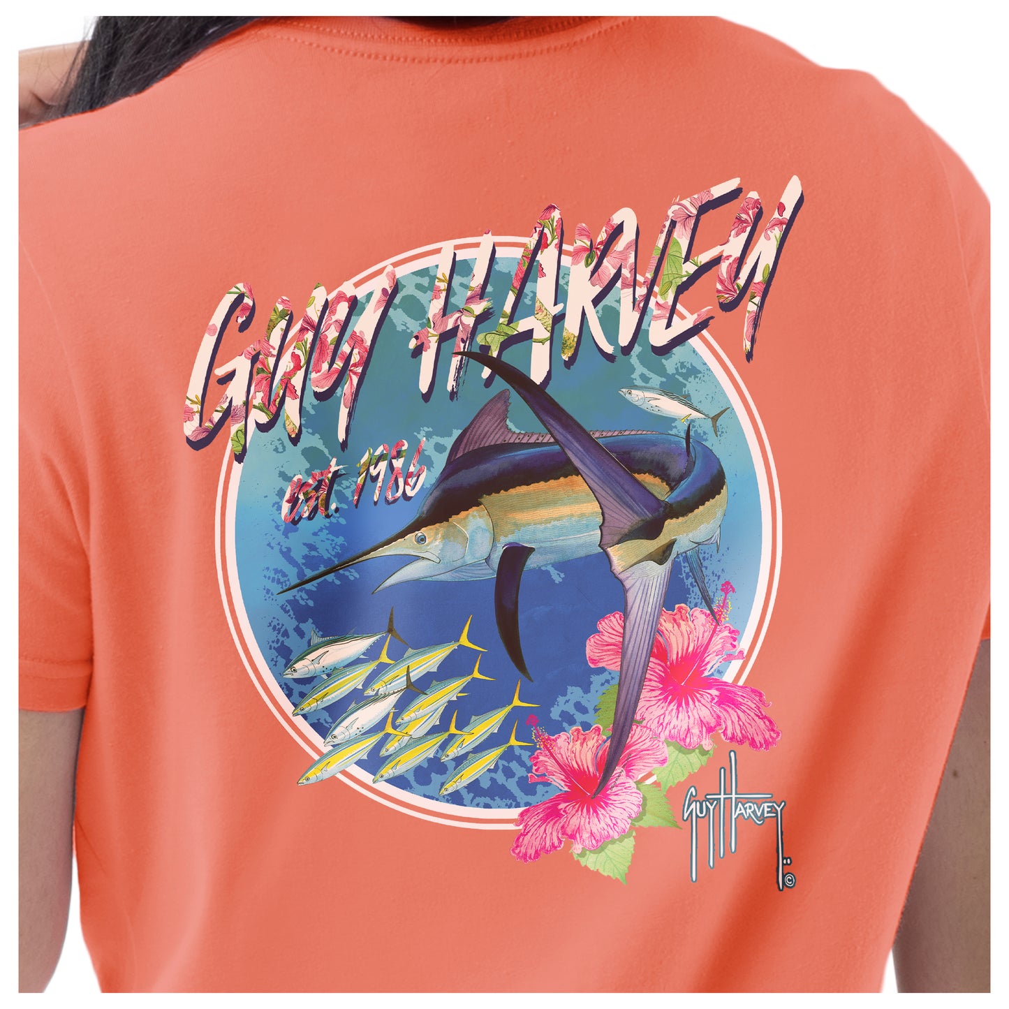 Guy Harvey | Ladies Marlin Runner Coral Short Sleeve V-Neck T-Shirt, Small