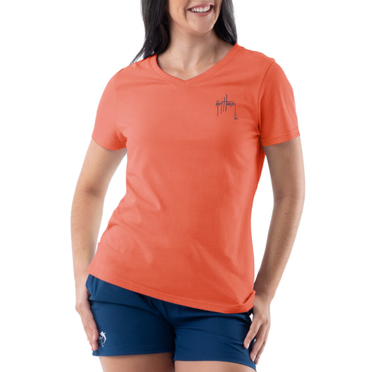Ladies Marlin Runner Coral Short Sleeve V-Neck T-Shirt View 2
