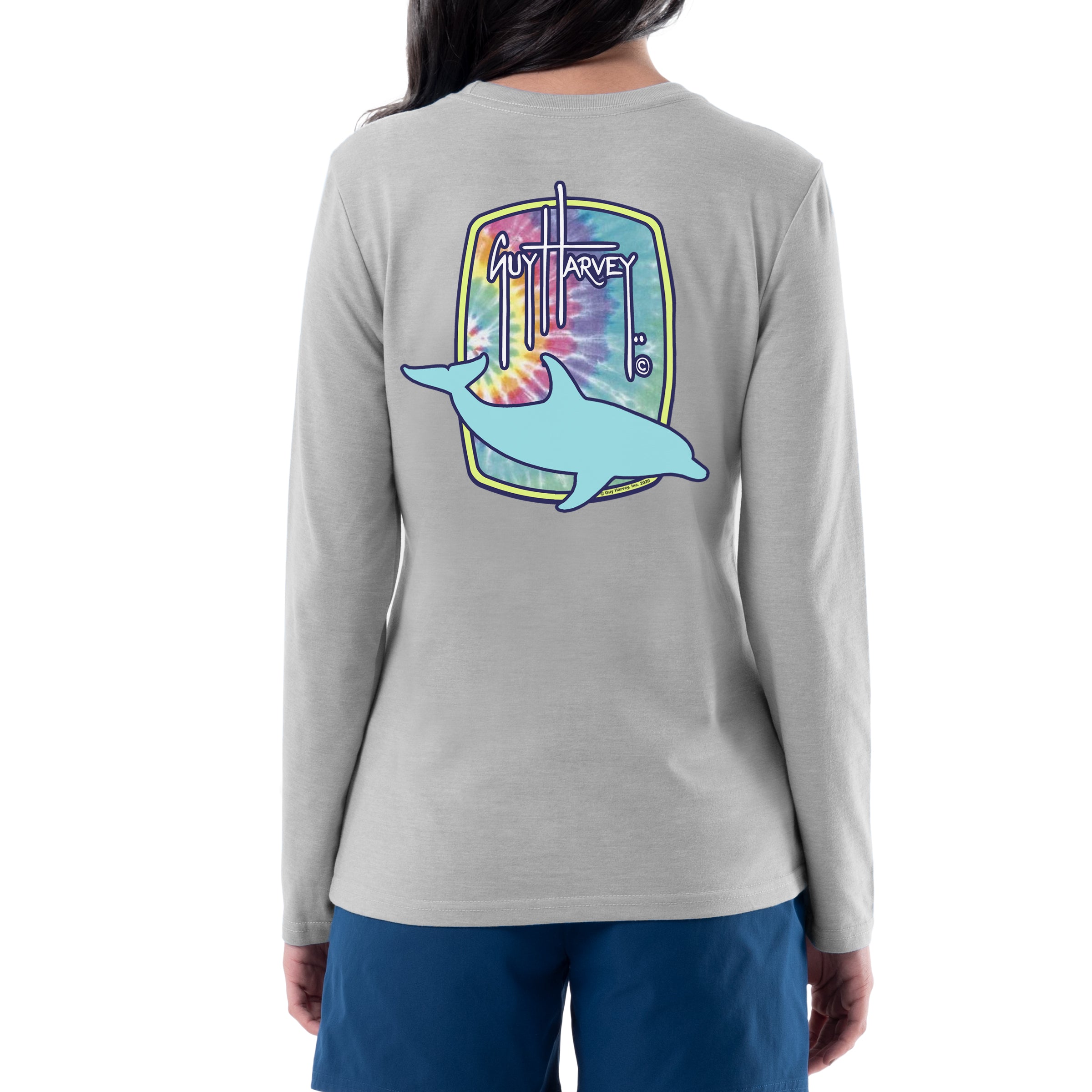 Ladies Tie Dye Grey Long Sleeve Crew Neck T-Shirt View 1