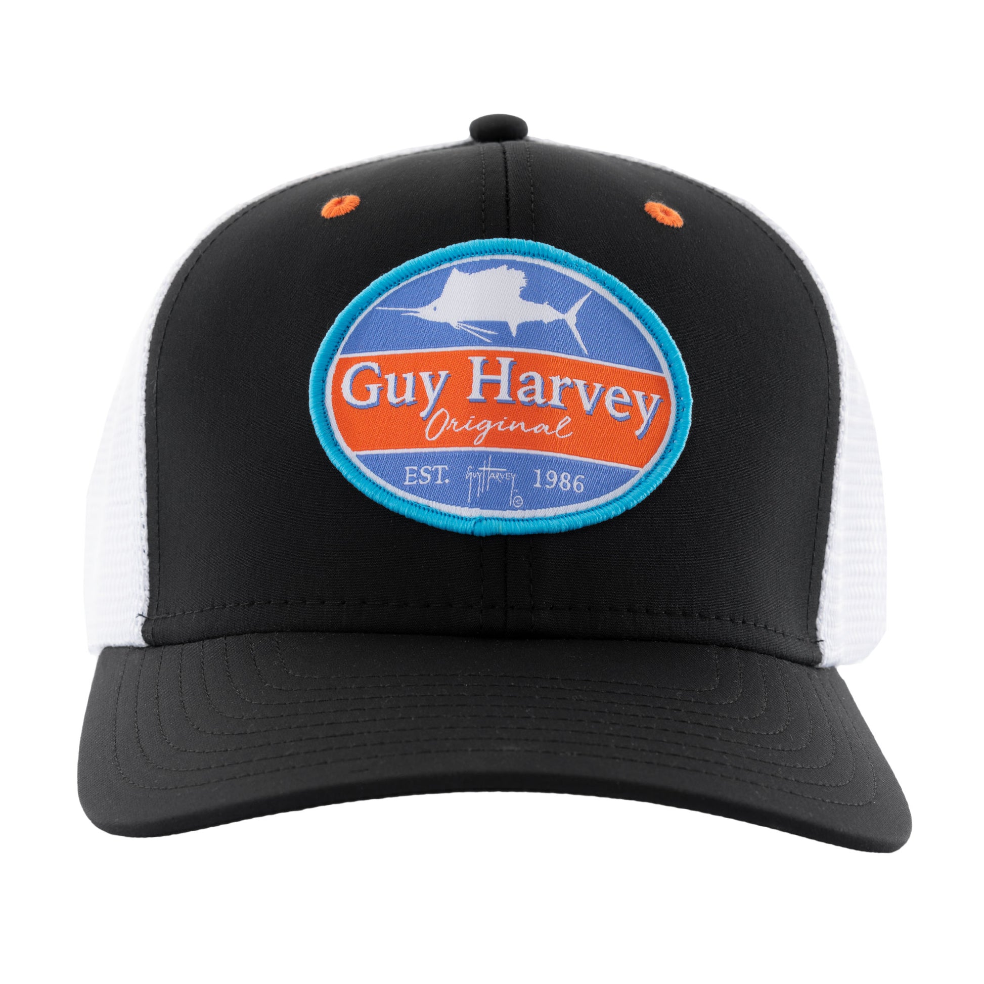 Guy Harvey | Men's Black Classic Fin Performance Flex Fitted Trucker Hat