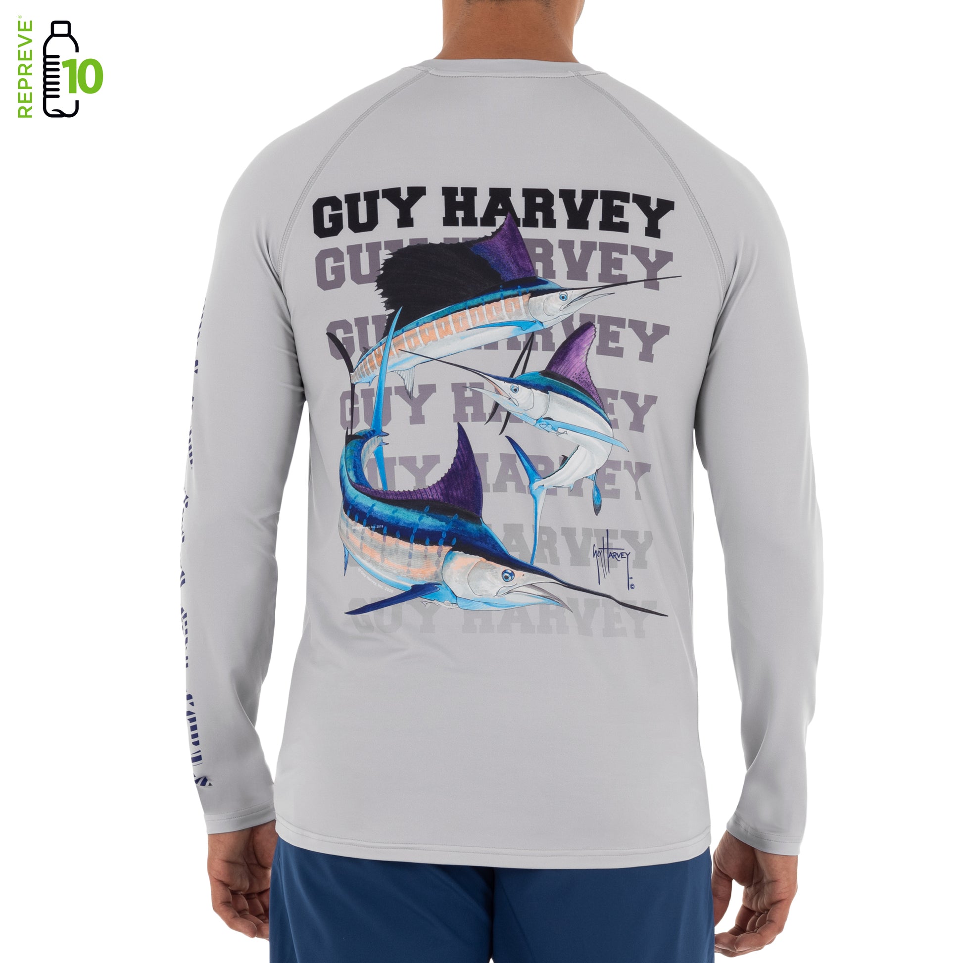 Guy Harvey Graphic Tshirt Fishing Shirt Sailfish Long Sleeve Gray Size  Small