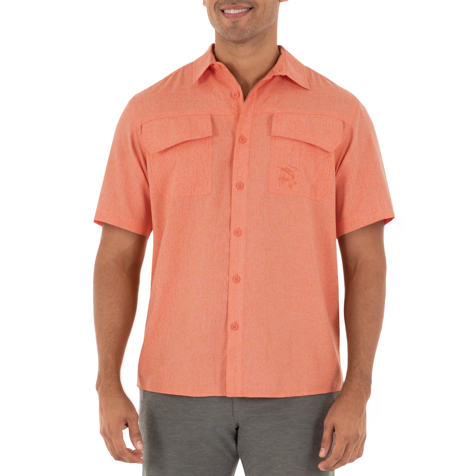 Guy Harvey | Men's Short Sleeve Heather Textured Cationic Coral Fishing Shirt, XL