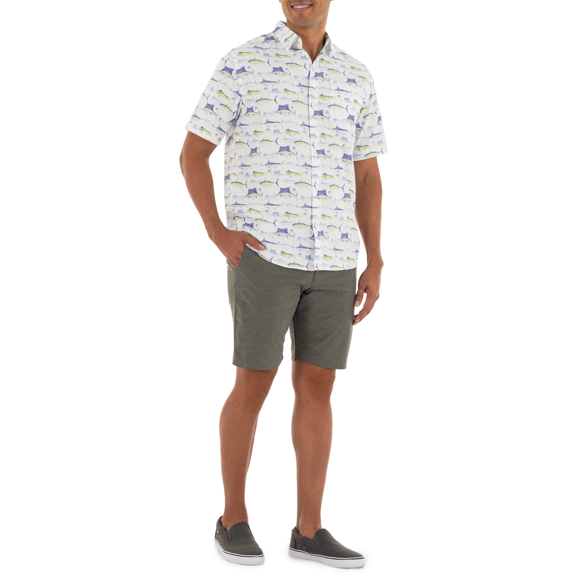 Guy Harvey | Men's Short Sleeve Scribble Performance Fishing Shirt, Bright White, XL