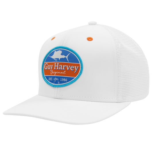 Ladies White Classic Fin Performance Flex Fitted Trucker Hat View 1