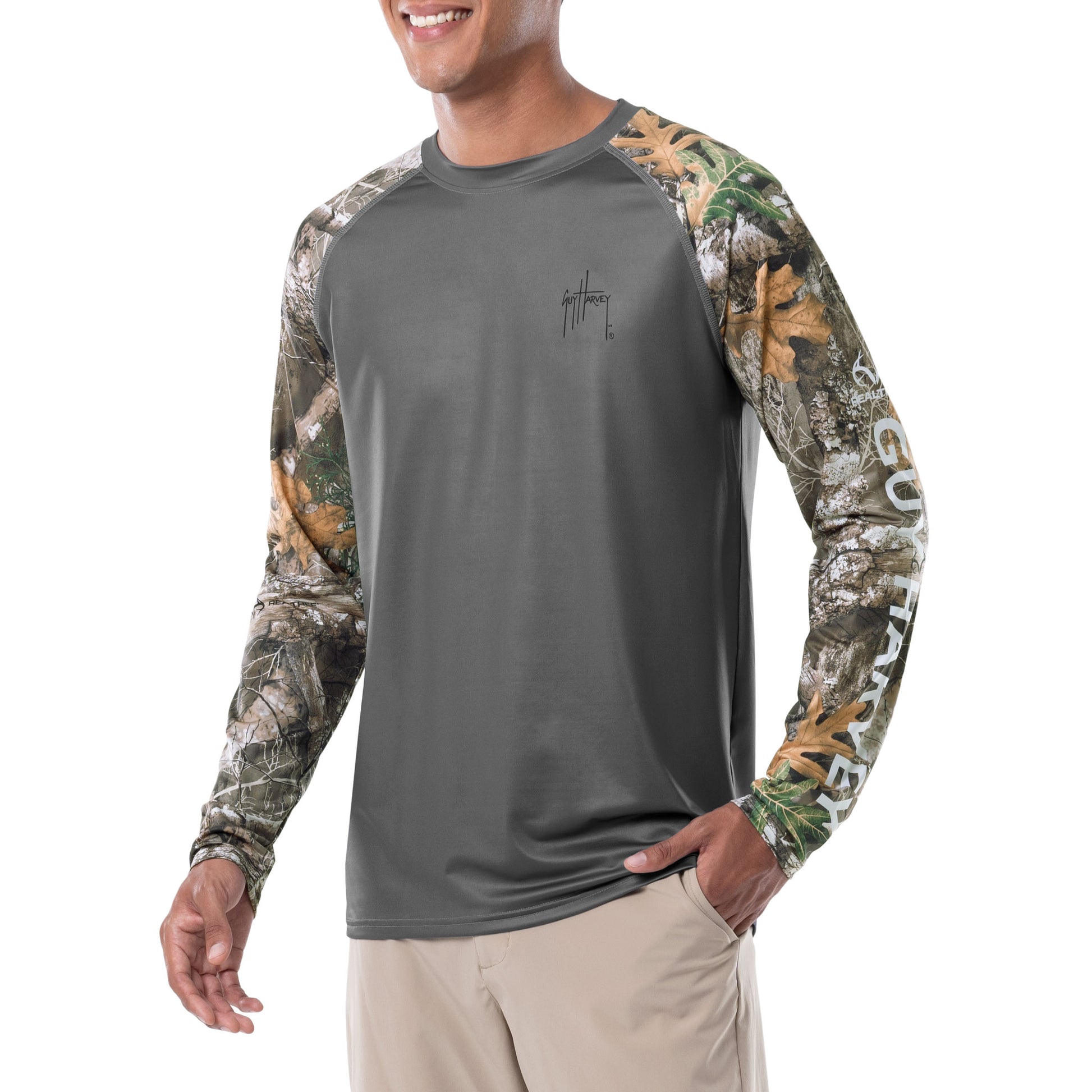 Guy Harvey Men's Airborne Long Sleeve Pocket T-Shirt, Coastal Blue  Heather/Airborne, XX-Large