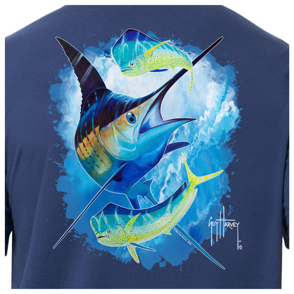 Guy Harvey by AFTCO Bluewater Mens T-Shirt Medium Marlin Fishing Print Blue  