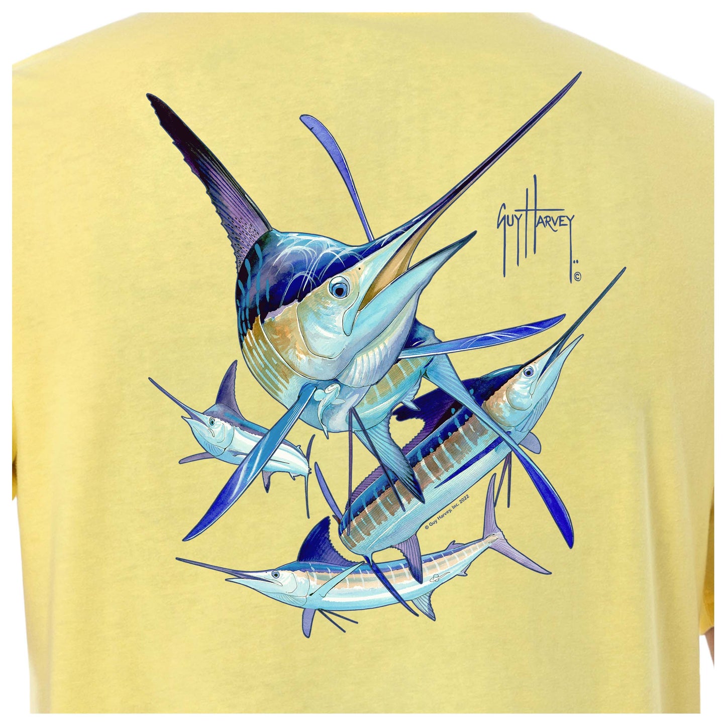 Guy Harvey Men XL Blue Short Sleeve Marlin Fishing Boat Crew Neck Pocket T  Shirt