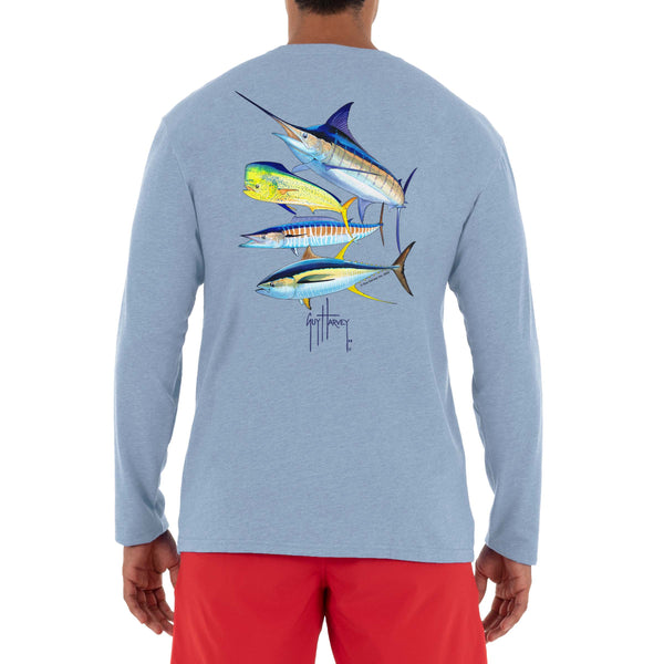 Guy Harvey | Men's Foursome Long Sleeve T-Shirt, Coastal Blue Heather, XL | 100% Polyester