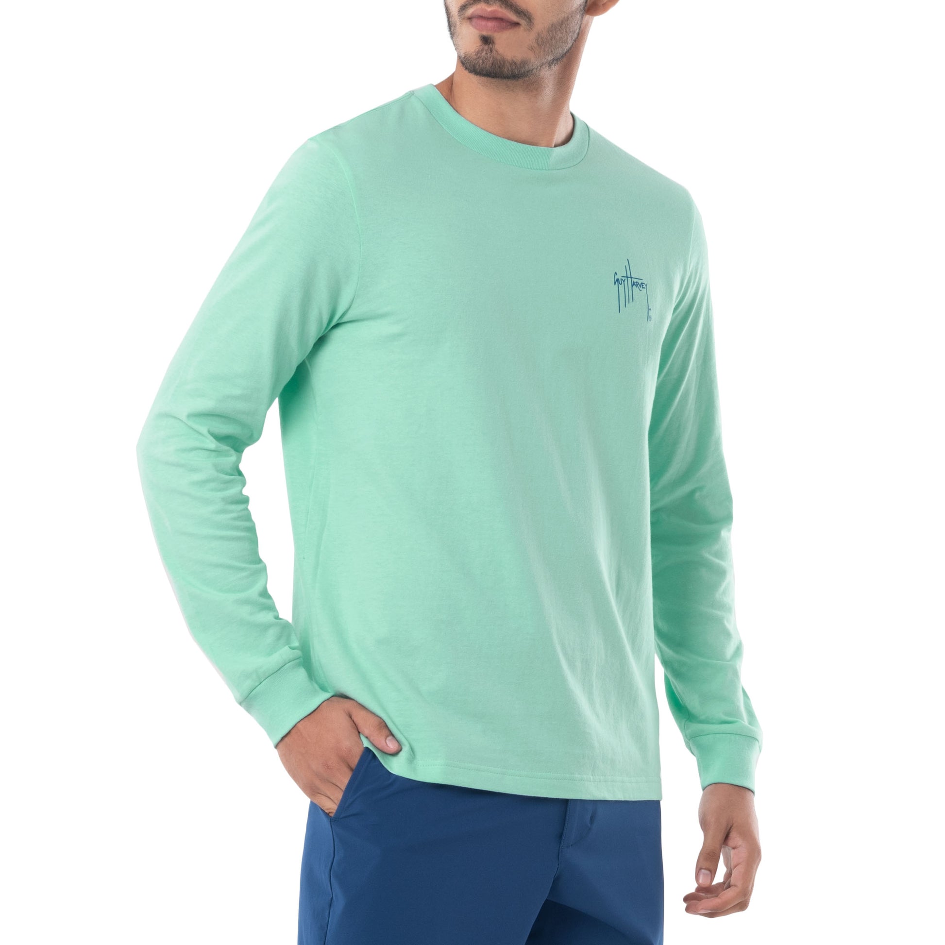 Guy Harvey Men's ea Blue Marlin Long Sleeve T-Shirt, Large, Cotton