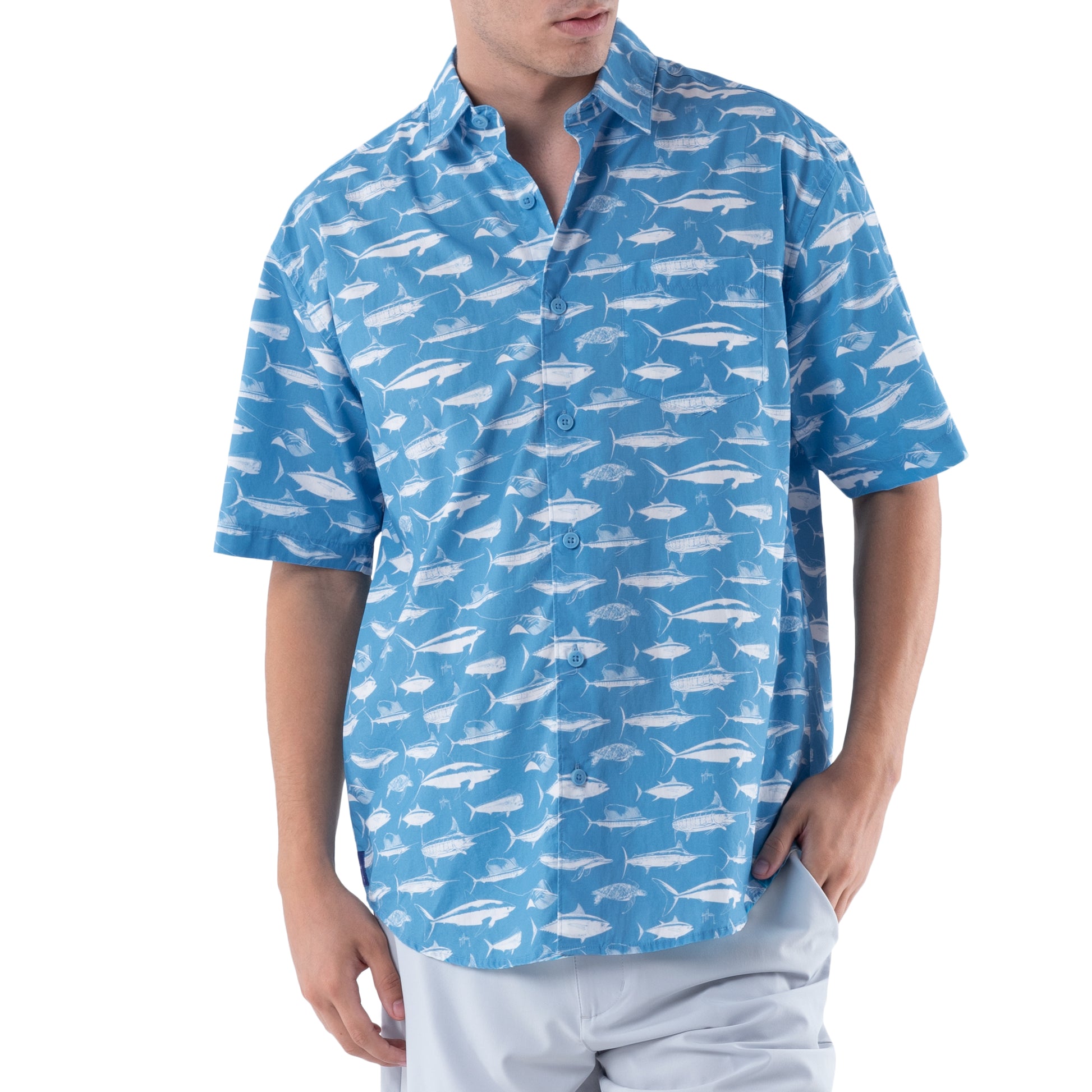 Guy Harvey Men's Printed Short Sleeve Woven Shirt XL Bonnie Blue
