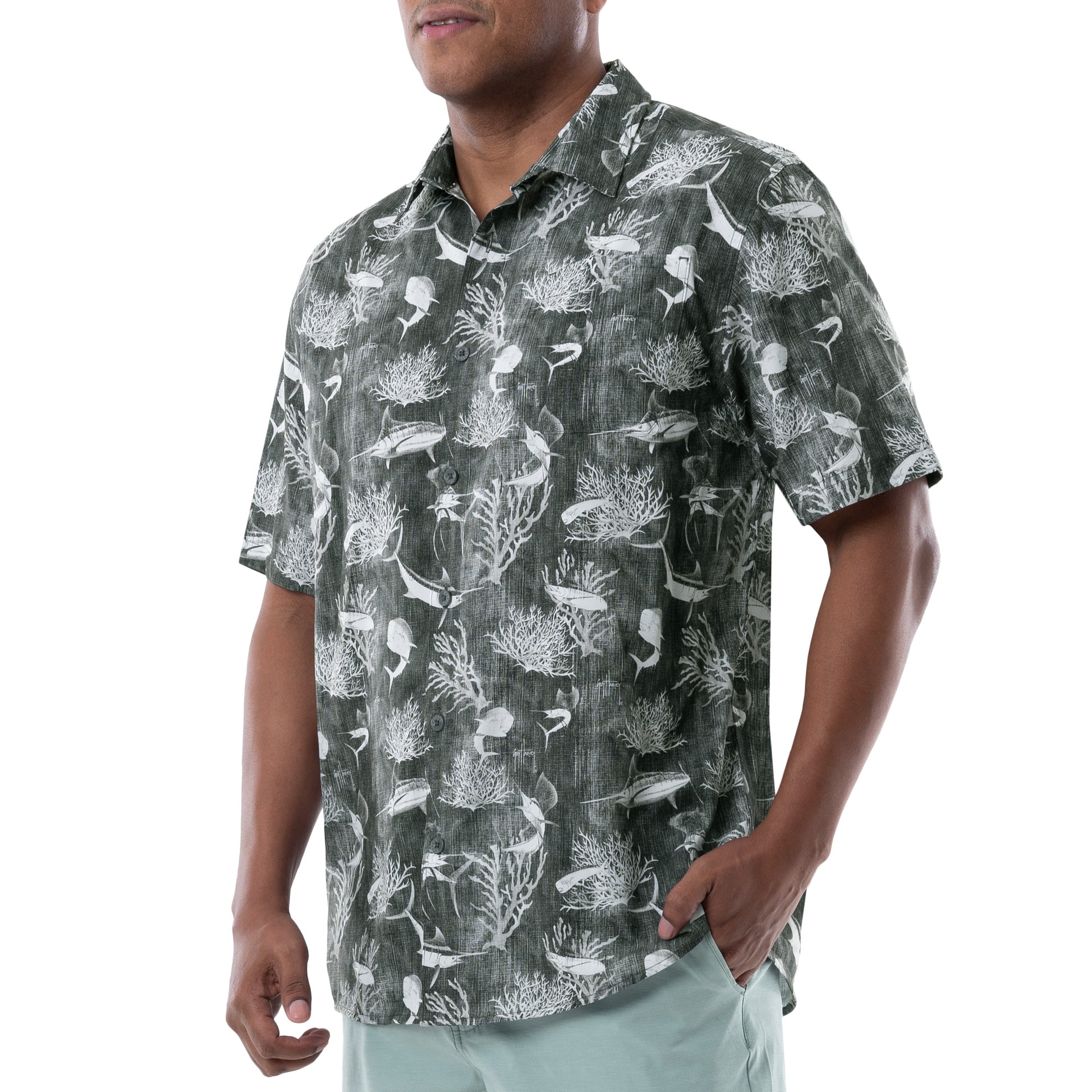 Guy Harvey | Men's Denim Shells Short Sleeve Fishing Shirt, Charcoal Heather, Medium
