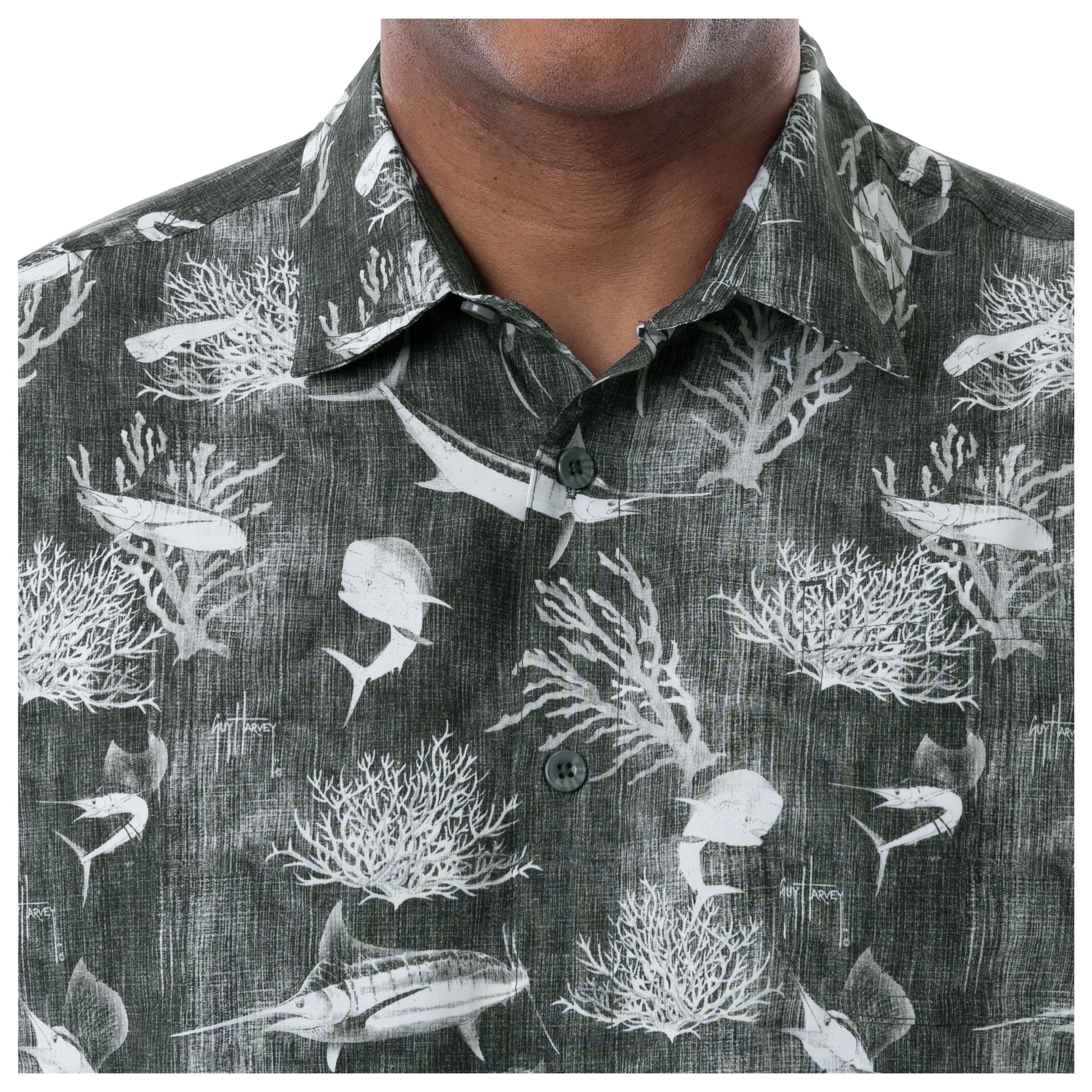 Guy Harvey | Men's Denim Shells Short Sleeve Fishing Shirt, Charcoal Heather, Small