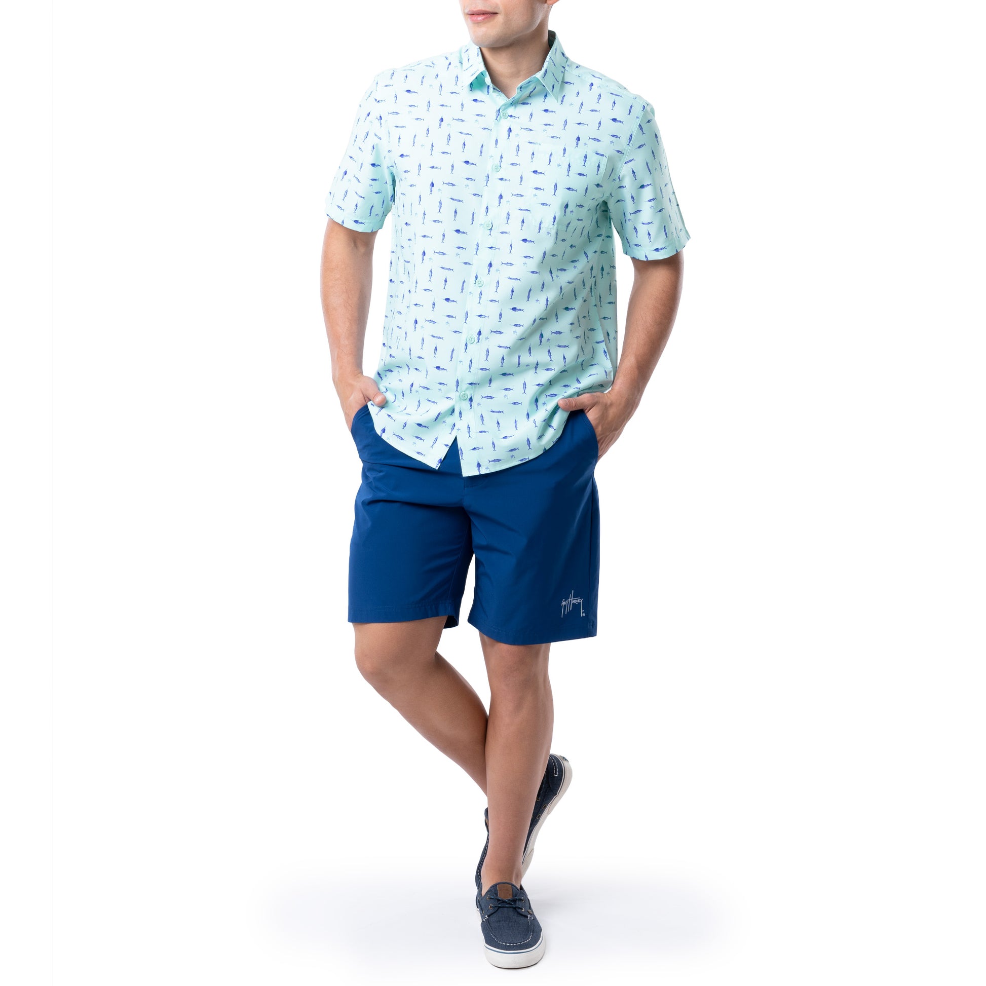 Guy Harvey | Men's Synchronized Short Sleeve Fishing Shirt, Caviar, Medium | 100% Polyester