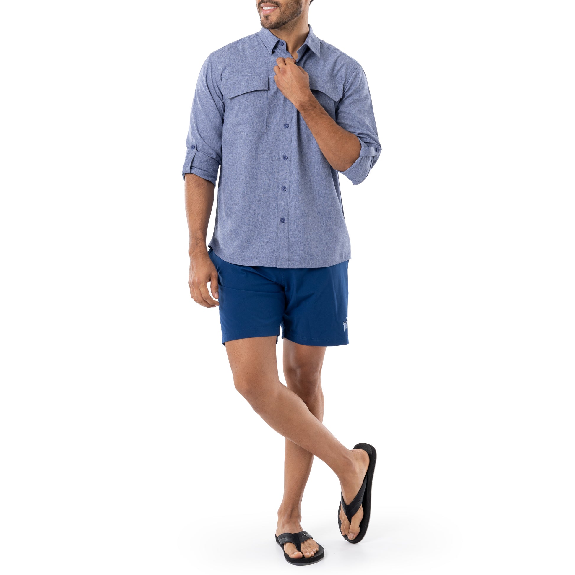 Guy Harvey | Men's Short Sleeve Texture Gingham Performance Fishing Shirt, Estate Blue, Large