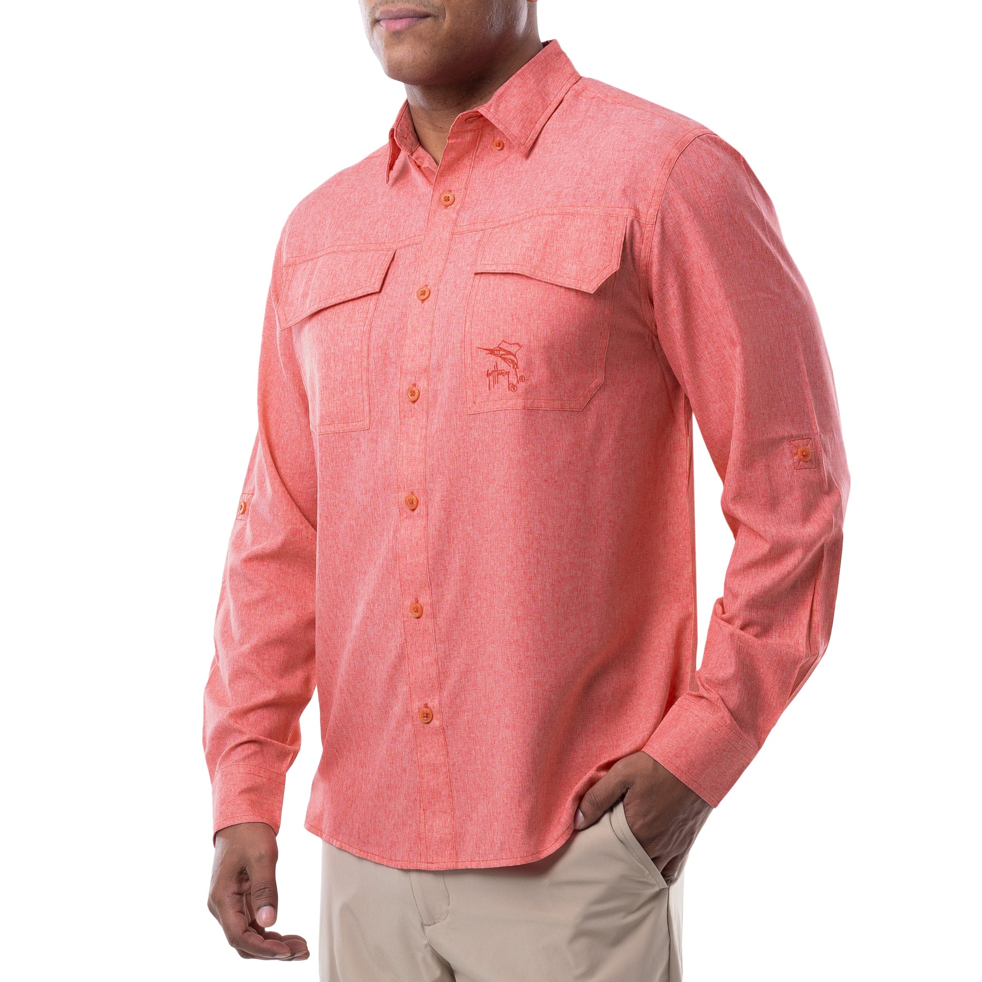 Guy Harvey | Men's Long Sleeve Heather Textured Performance Fishing Shirt, 2XL