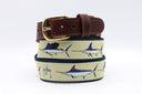 Guy Harvey Men’s Grand Slam Leather Tab Belt with tan cotton webbing, marlin, sailfish, and swordfish art, brown leather tabs, and brass buckle