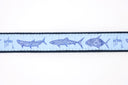 Guy Harvey Men’s Keys Slam Leather Tab Belt with light blue cotton webbing featuring tarpon, bonefish, and permit art