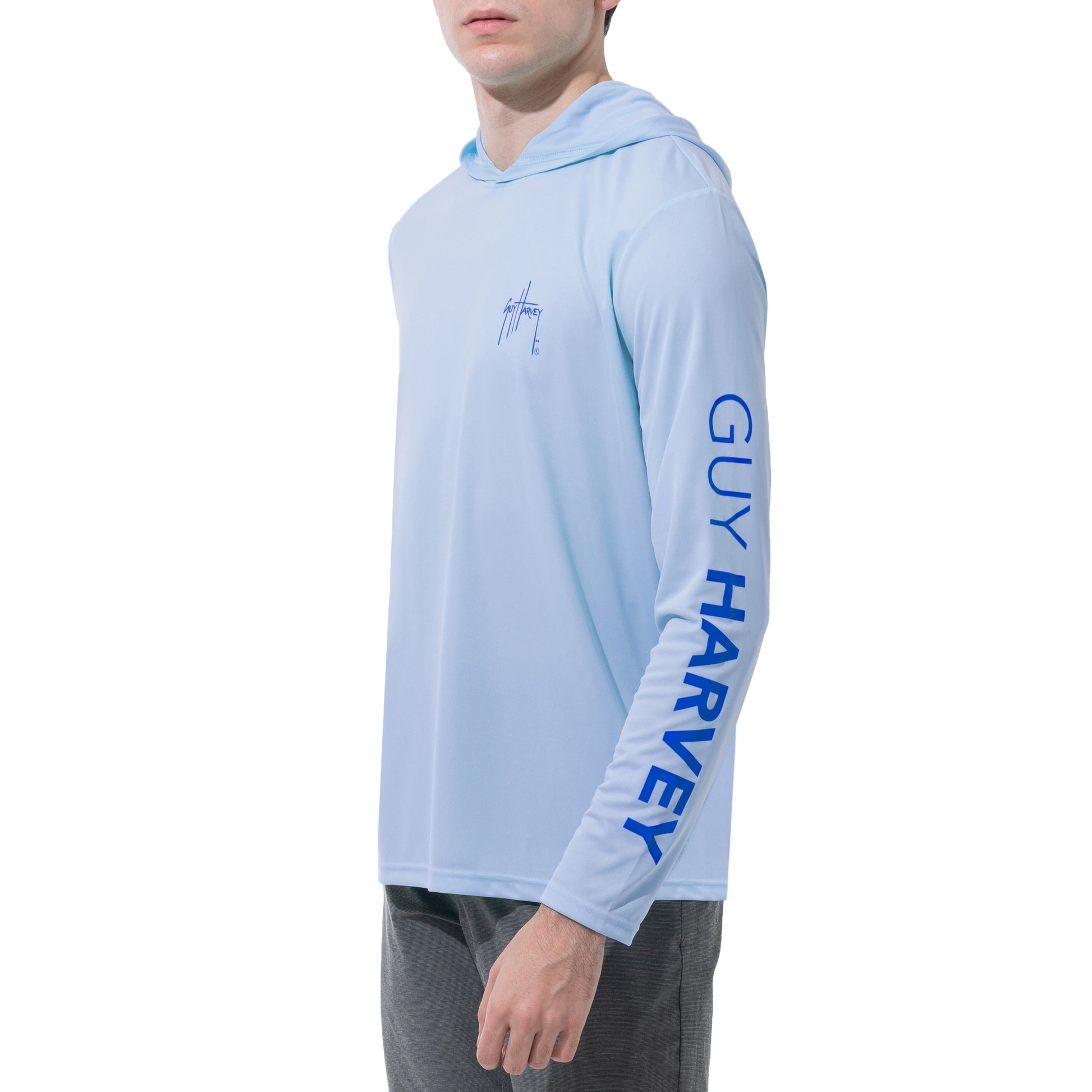 Men's UPF 50+ Sun Protection Hoodie Shirt with Thumbholes - Haze Blue / S