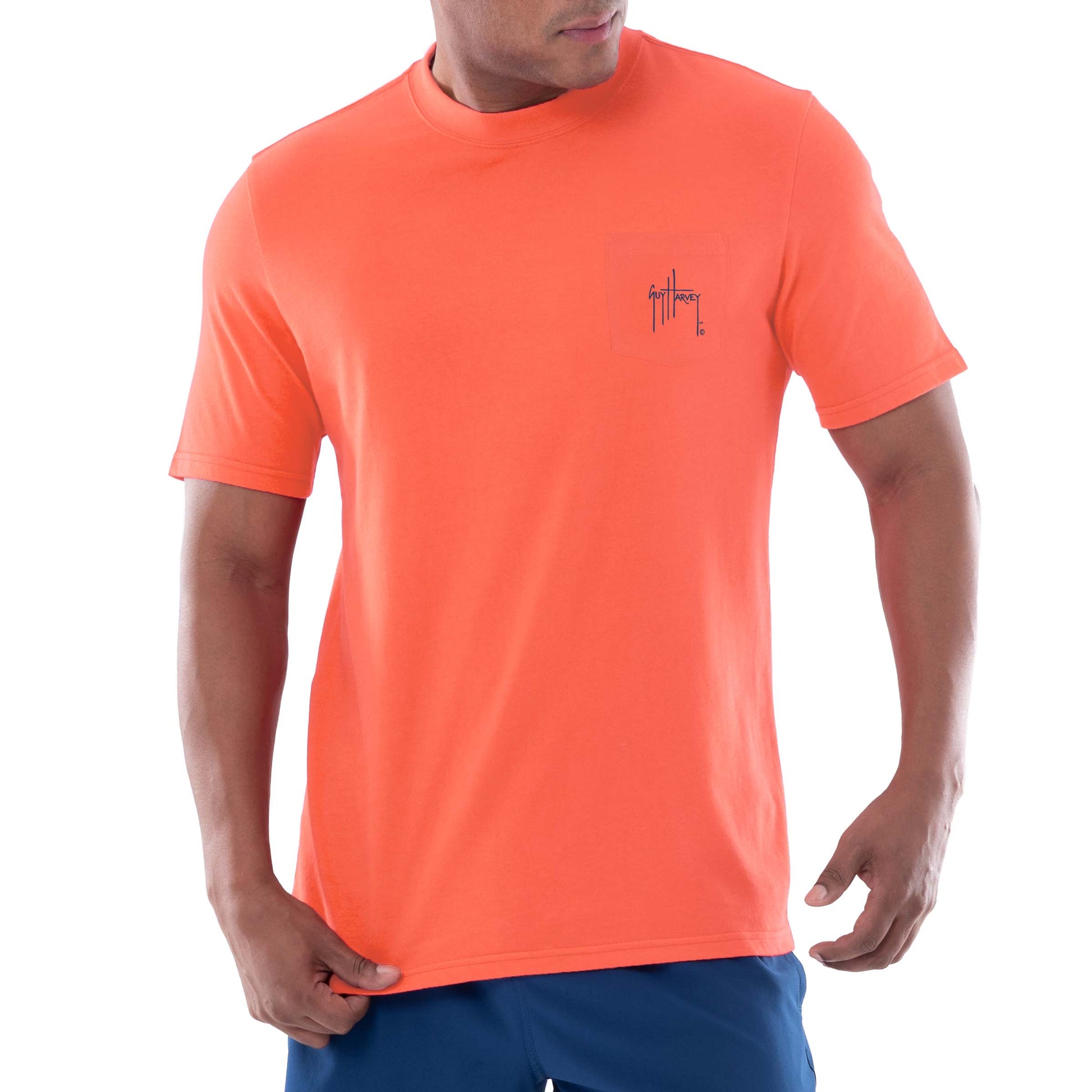 Guy Harvey Men's Short Sleeve Saving Our Seas Pocket T-Shirt, Coral, Small, Cotton