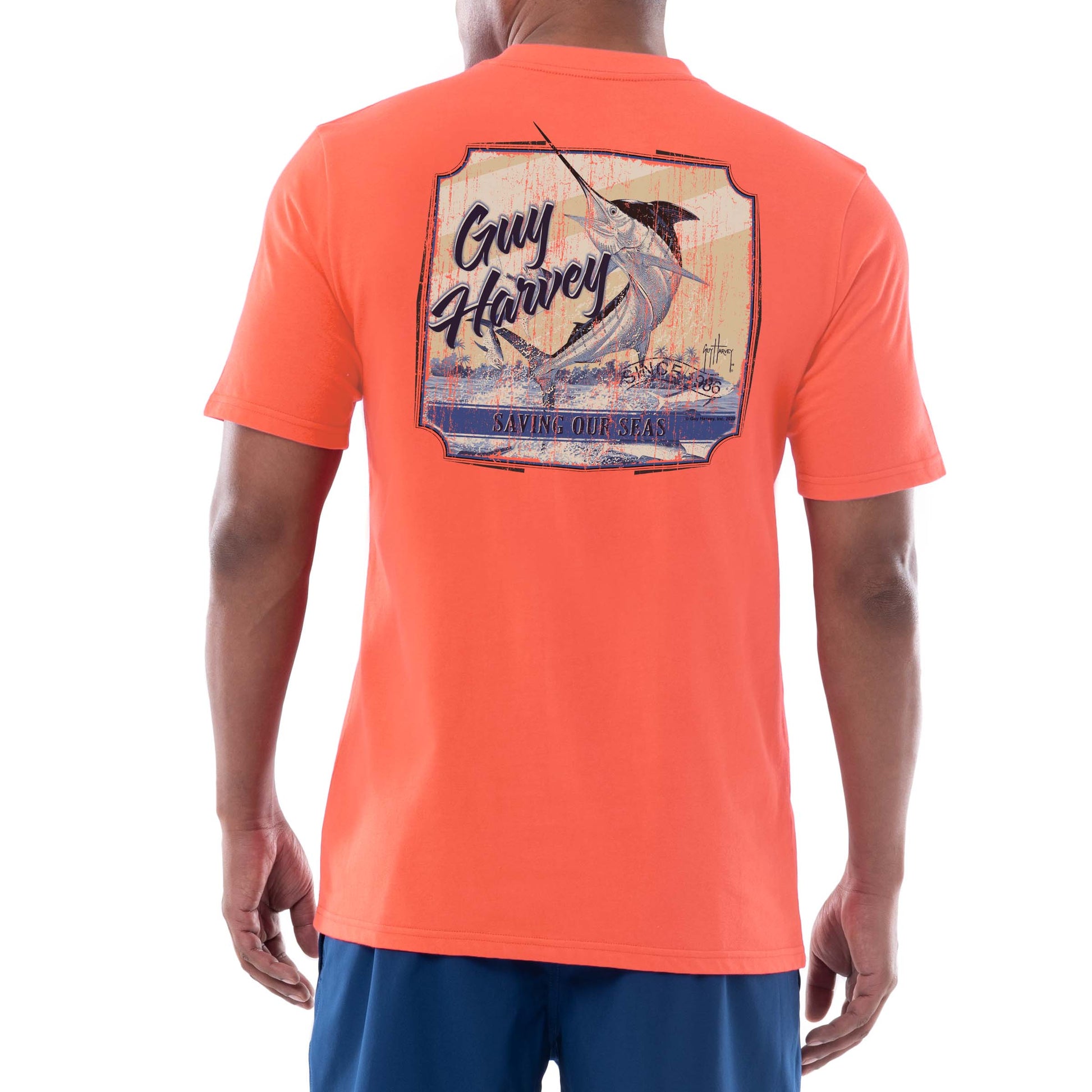 Guy Harvey Men's Short Sleeve Saving Our Seas Pocket T-Shirt, Coral, Small, Cotton