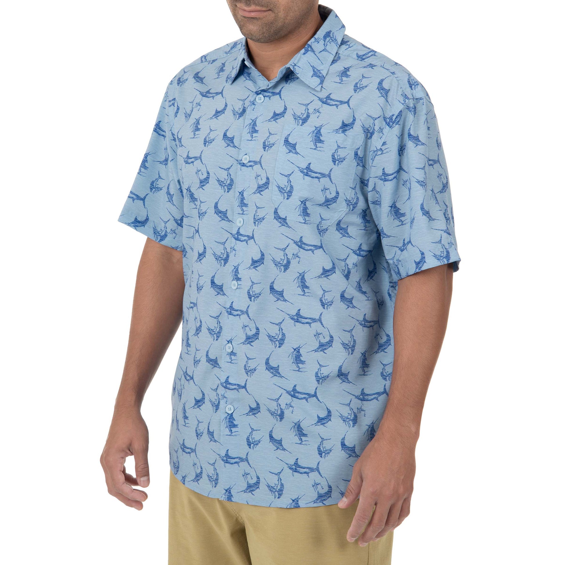 Guy Harvey Men's Short Sleeve Retro Billfish Fishing Shirt | Powder Blue Large