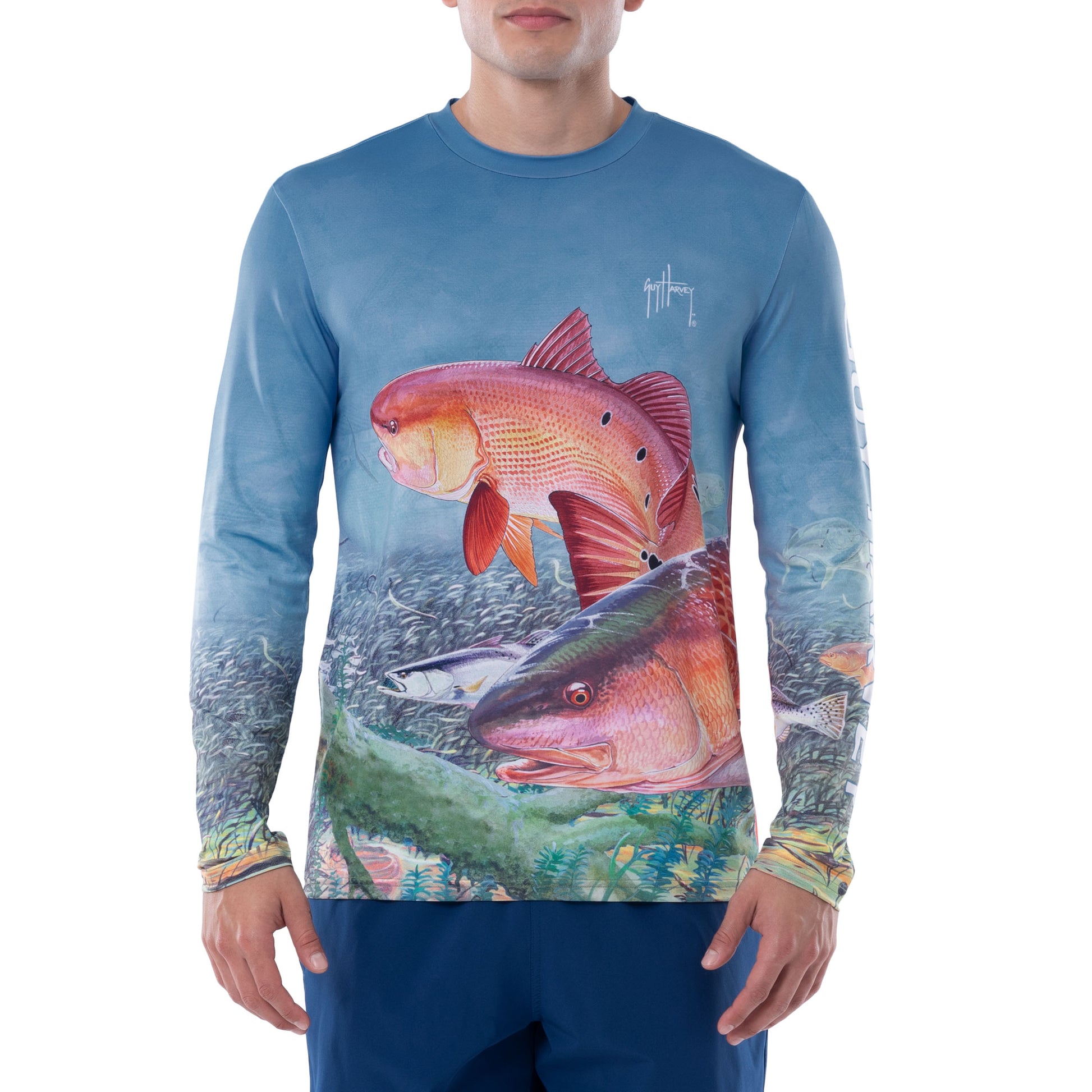 Guy Harvey | Men's Seeing Red Performance Fishing Sun Protection Shirt UPF 50, Large