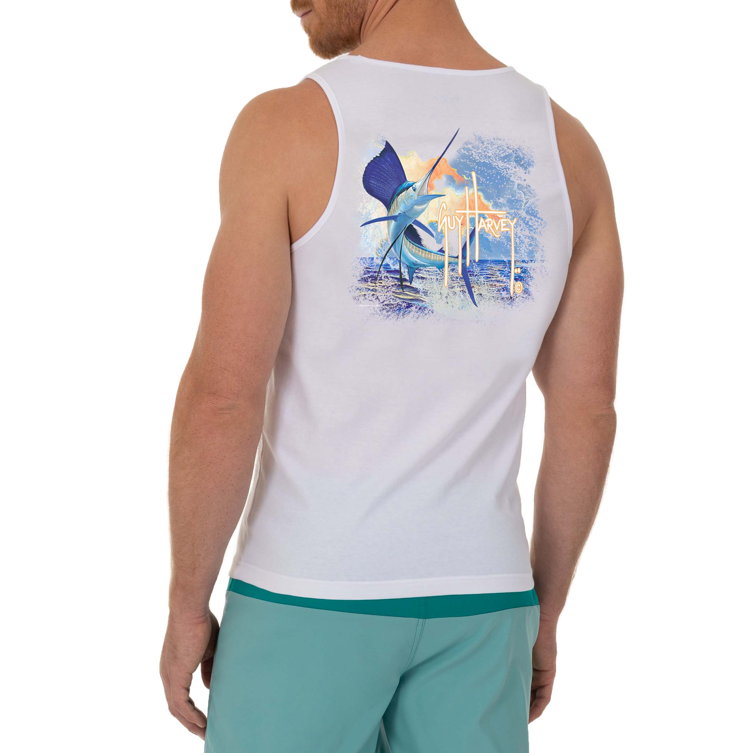 Men's Sunset Sailfish White Tank Top View 1