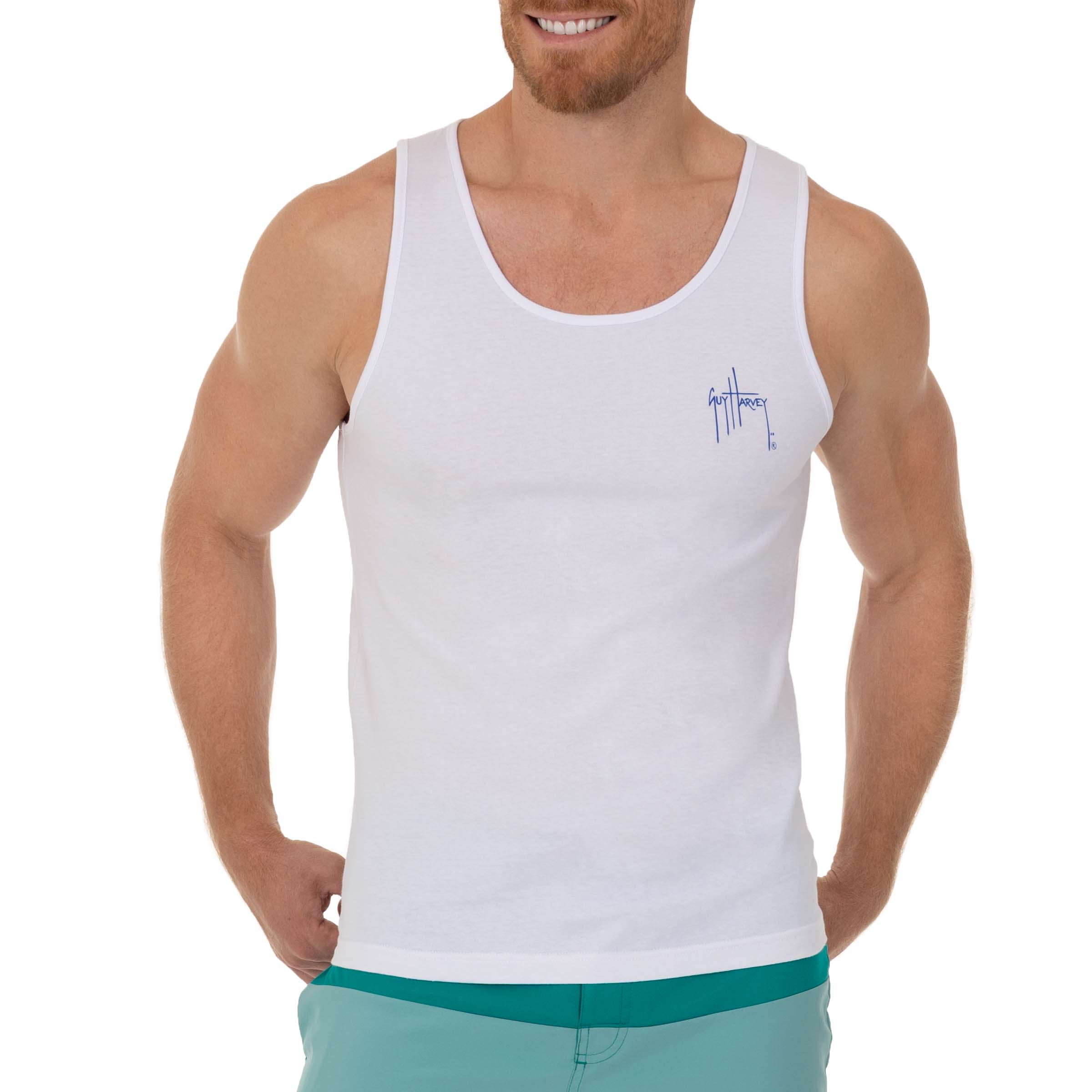 Men's Sunset Sailfish White Tank Top View 3