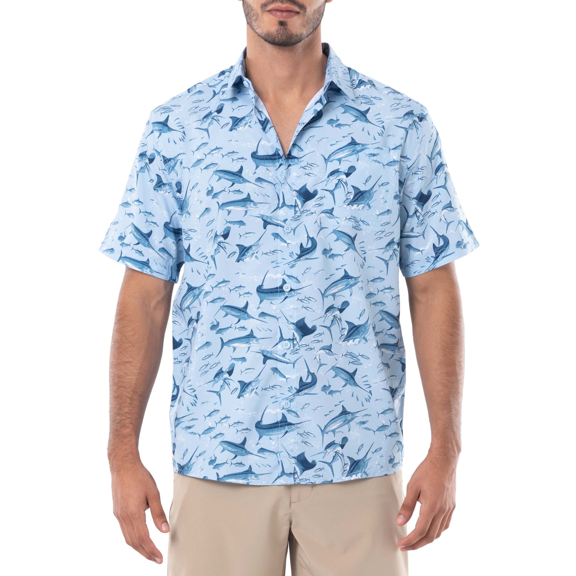 Guy Harvey | Men's Tonal Bills Short Sleeve Fishing Shirt, Powder Blue, XL