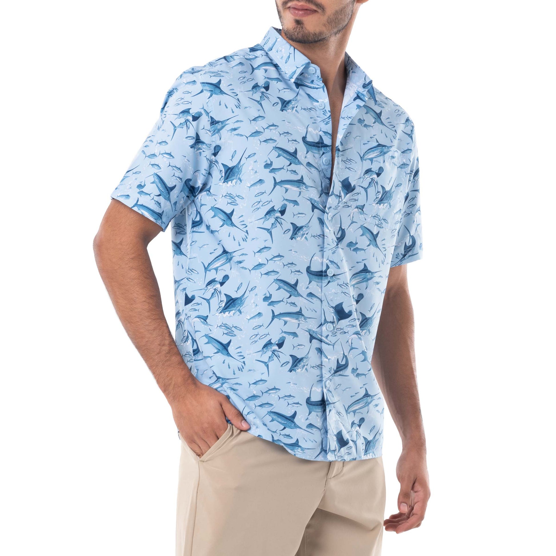 Guy Harvey | Men's Tonal Bills Short Sleeve Fishing Shirt, Powder Blue, XL