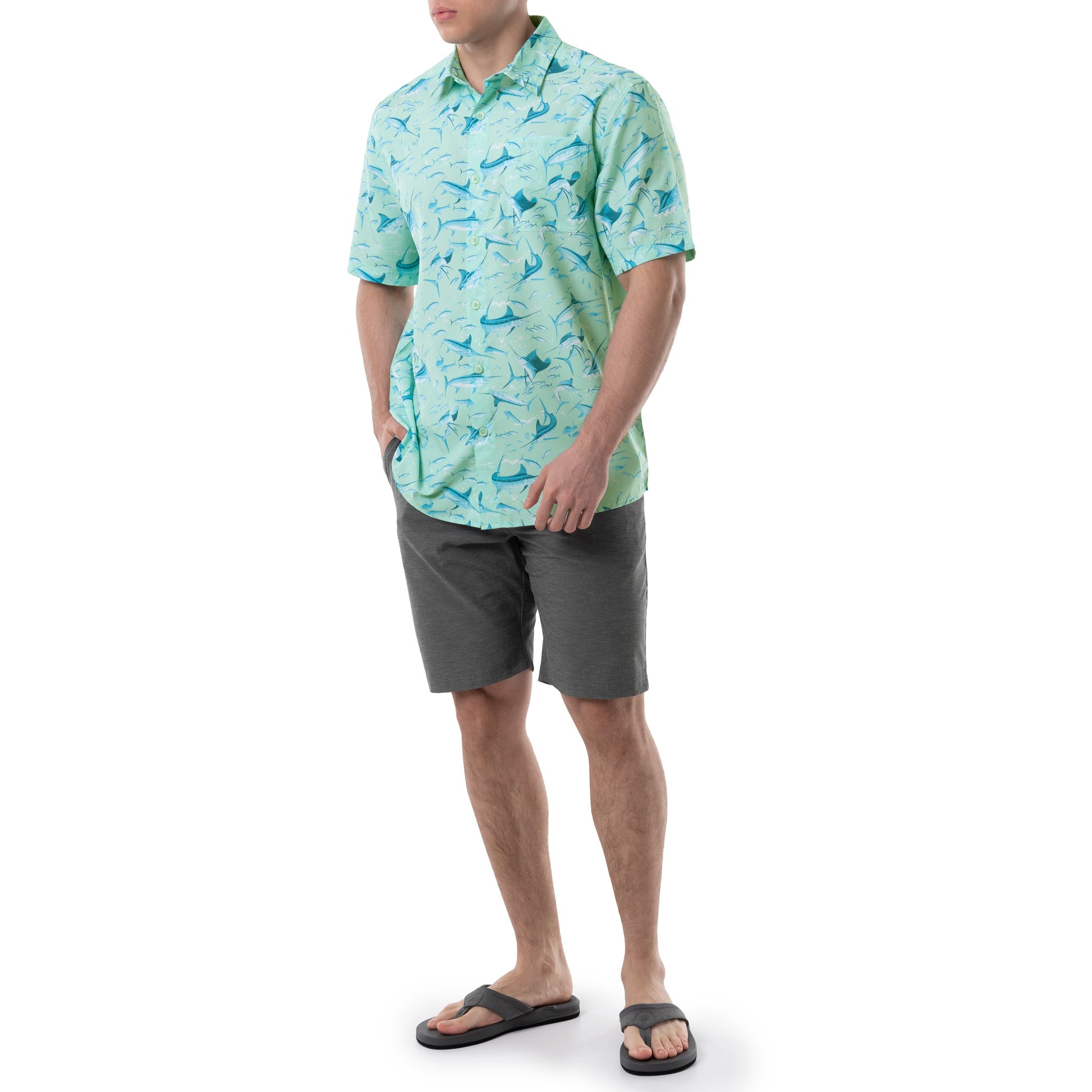 Guy Harvey | Men's Short Sleeve Texture Gingham Performance Fishing Shirt, Beach Glass, Small