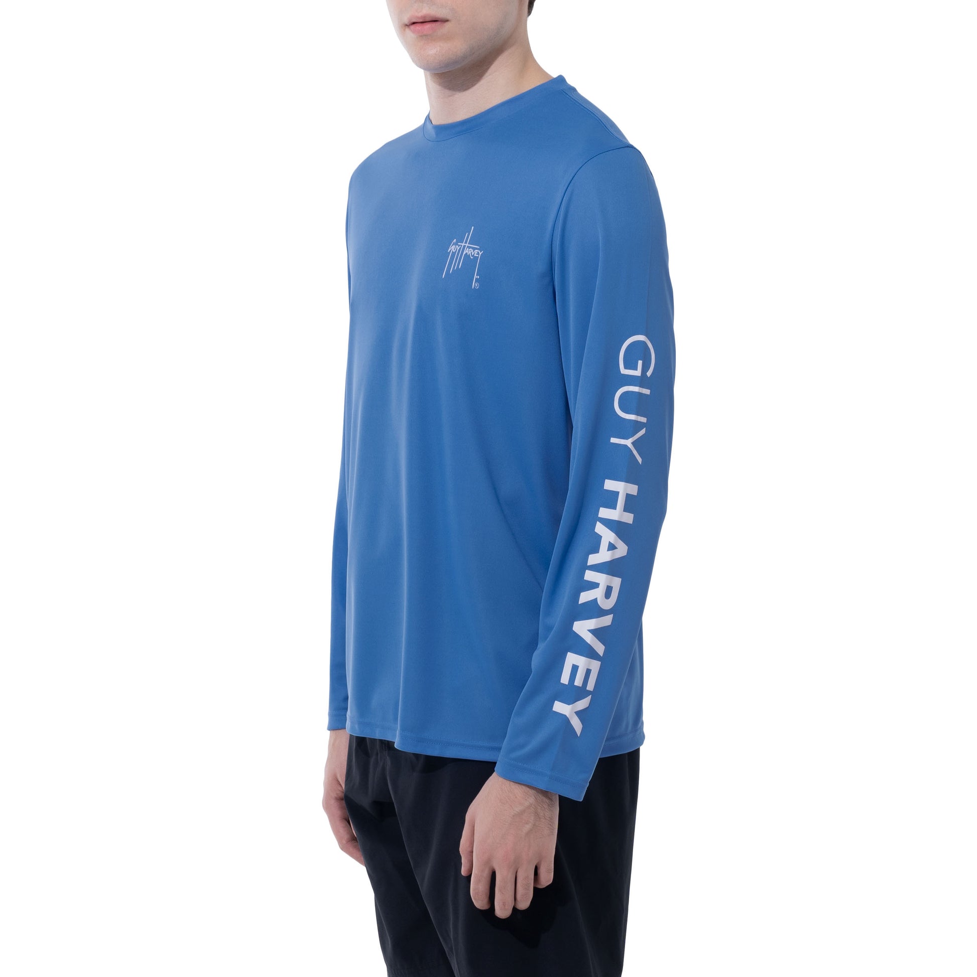 Men Long Sleeve Performance Fishing Sun Protection with UPF 50 Plus. Color Blue Side View