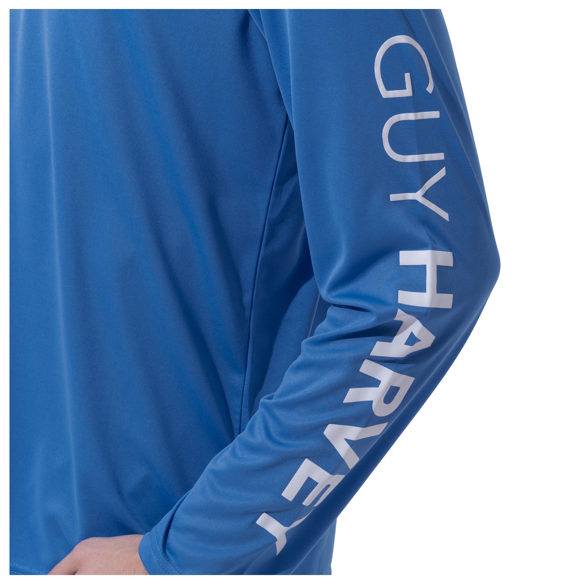 Men Long Sleeve Performance Fishing Sun Protection with UPF 50 Plus. Color Blue Sleeve has Guy Harvey text