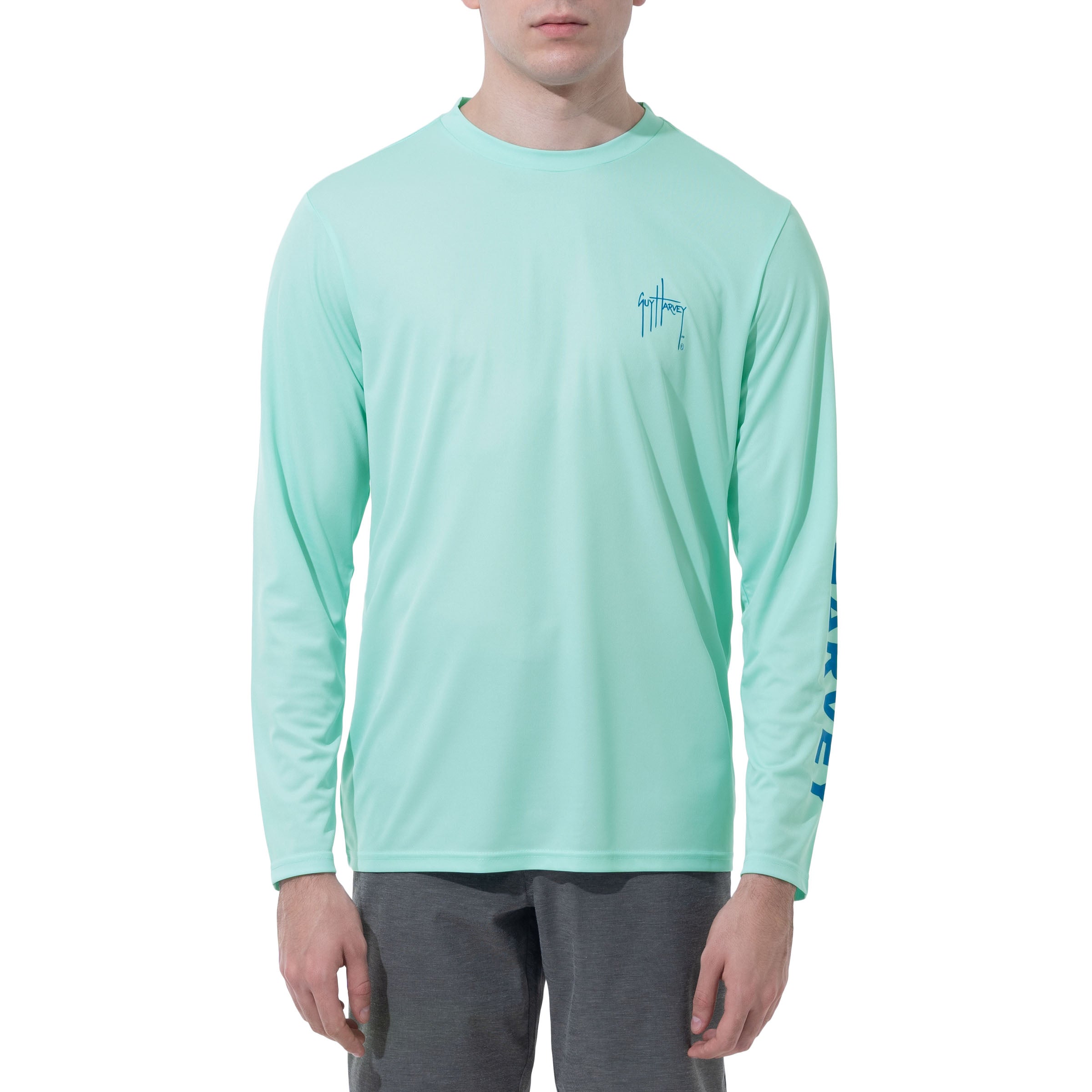 Men Long Sleeve Performance Fishing Sun Protection with UPF 50 Plus. Color Green Front View 25