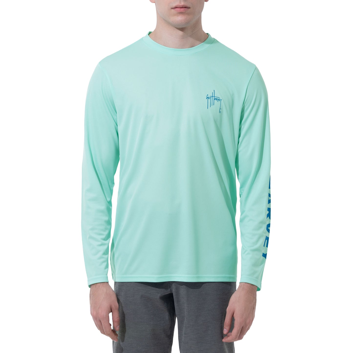 Men Long Sleeve Performance Fishing Sun Protection with UPF 50 Plus. Color Green Front
