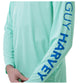 Men Long Sleeve Performance Fishing Sun Protection with UPF 50 Plus. Color Green Sleeve has Guy Harvey text