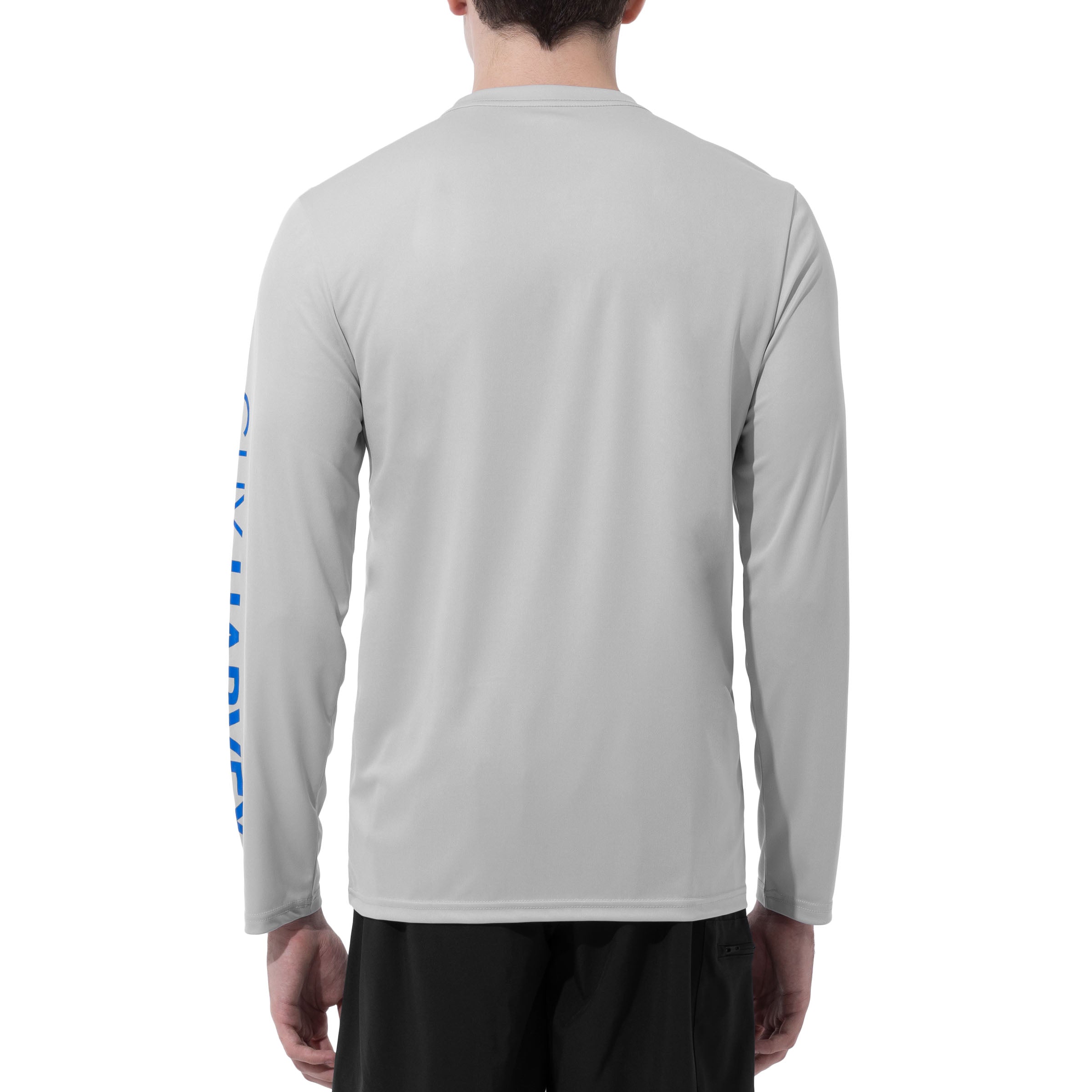 Men Long Sleeve Performance Fishing Sun Protection with UPF 50 Plus. Color Grey Back View 8