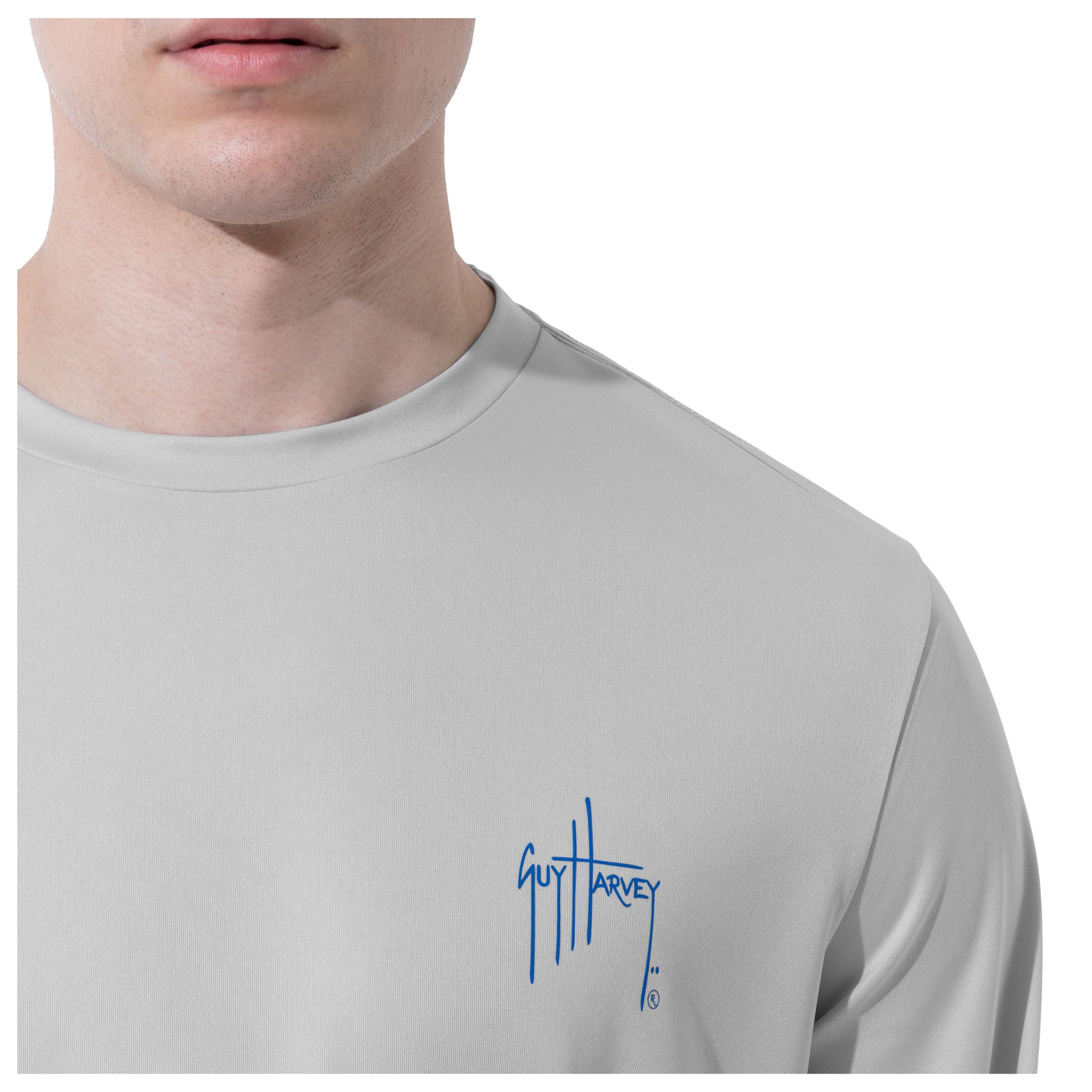 Men Long Sleeve Performance Fishing Sun Protection with UPF 50 Plus. Color Grey Guy Harvey Signature on the Chest